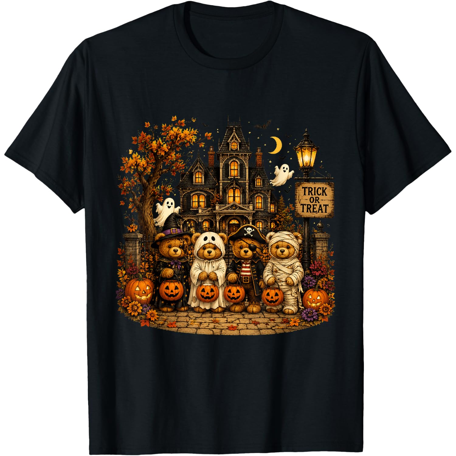 90s Bears Halloween Trick or Treat Vintage Haunted House T-Shirt