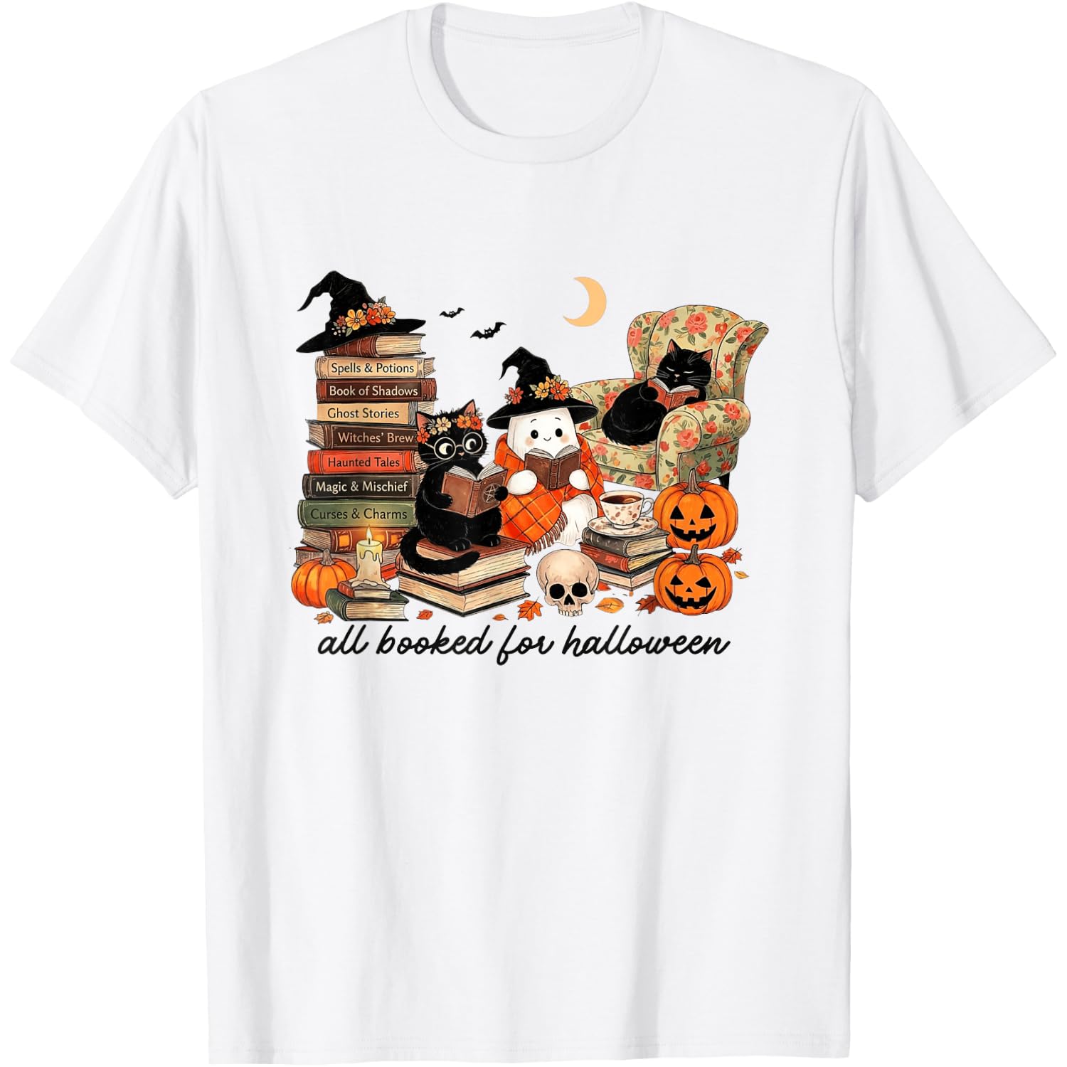 All Booked for Halloween Black-Cat Ghost Reading Book Lovers T-Shirt
