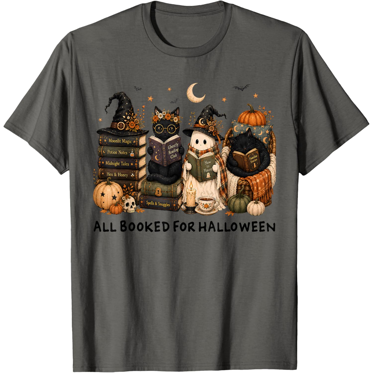 All Booked for Halloween Cute Ghost Book Lover Cats T-Shirt