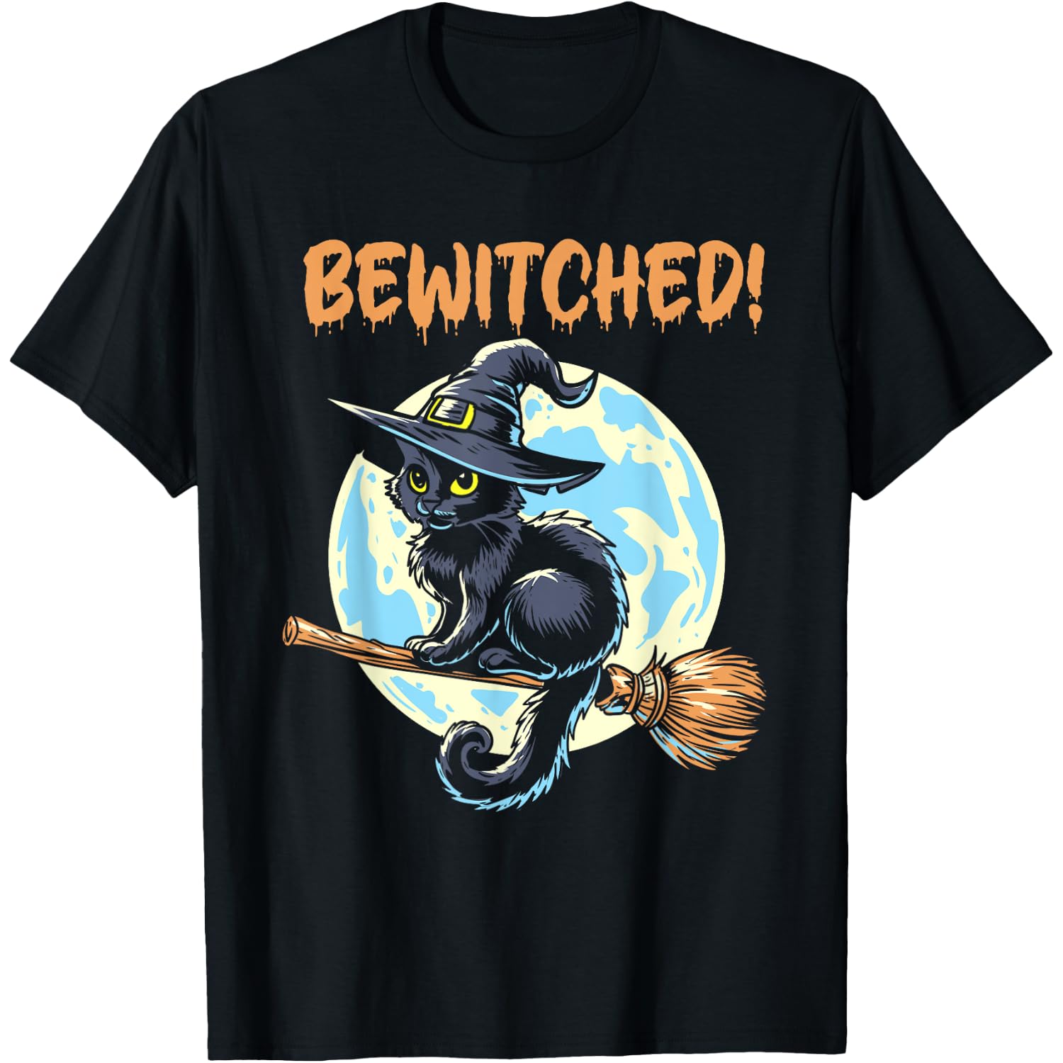 Bewitched: Cat Witch On A Broom Stick Halloween Men Women Kids T-Shirt