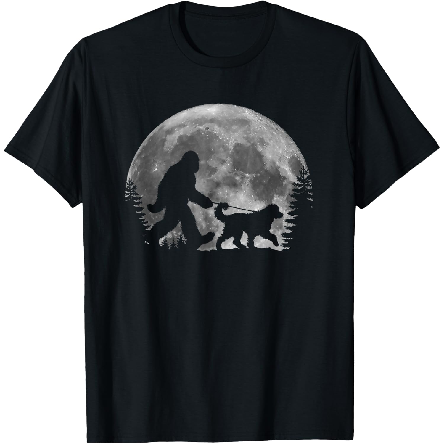Bigfoot Walking a Dog Funny Bernedoodle Lover Moon Halloween T-Shirt