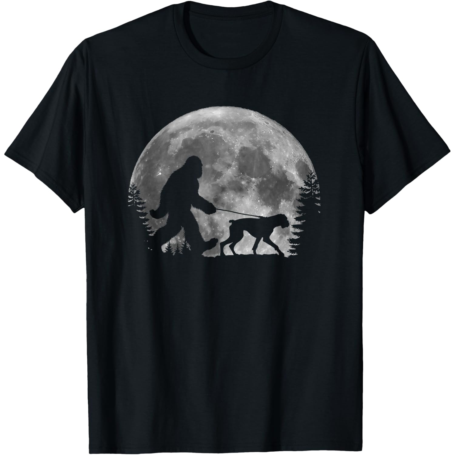 Bigfoot Walking a Dog Funny Boxer Lovers Moon Halloween T-Shirt