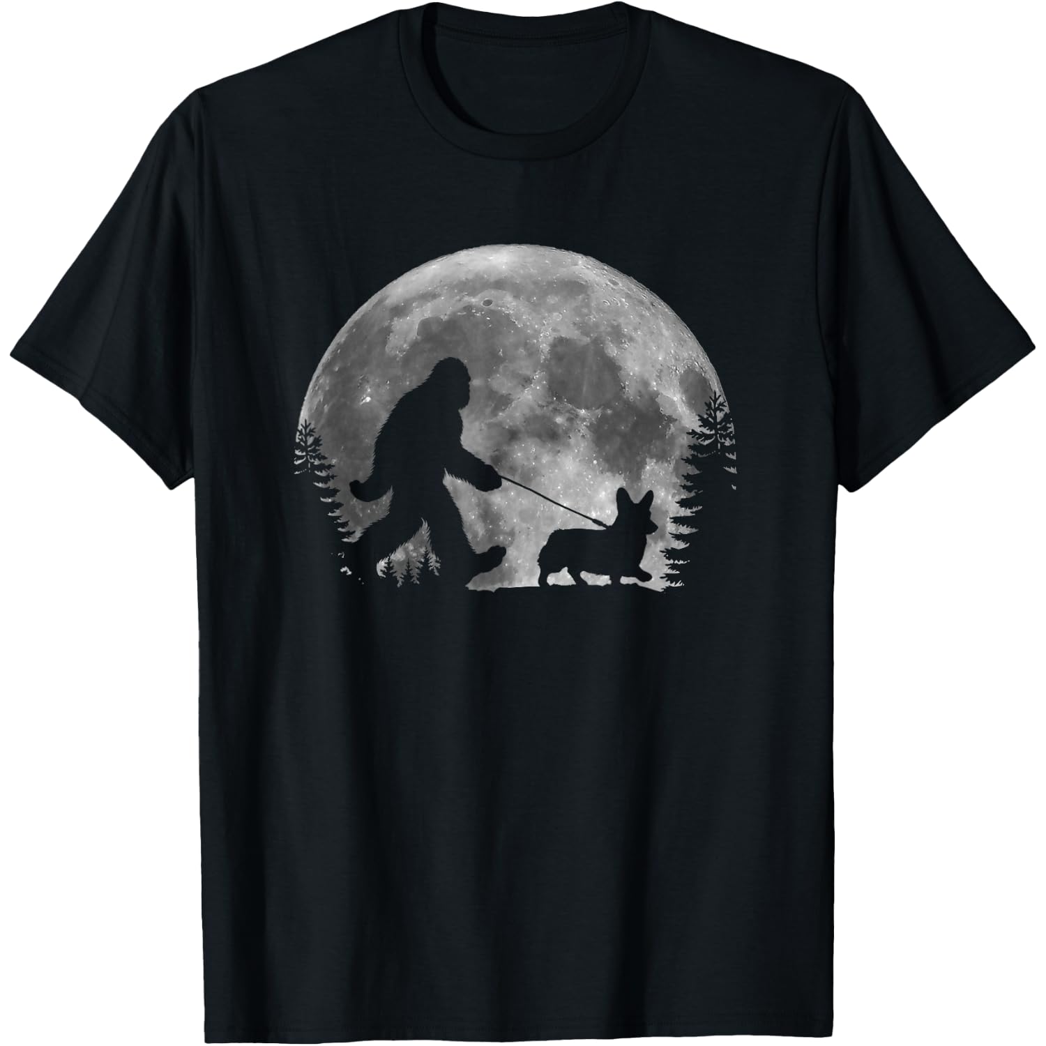 Bigfoot Walking a Dog Funny Corgi Lovers Moon Halloween T-Shirt