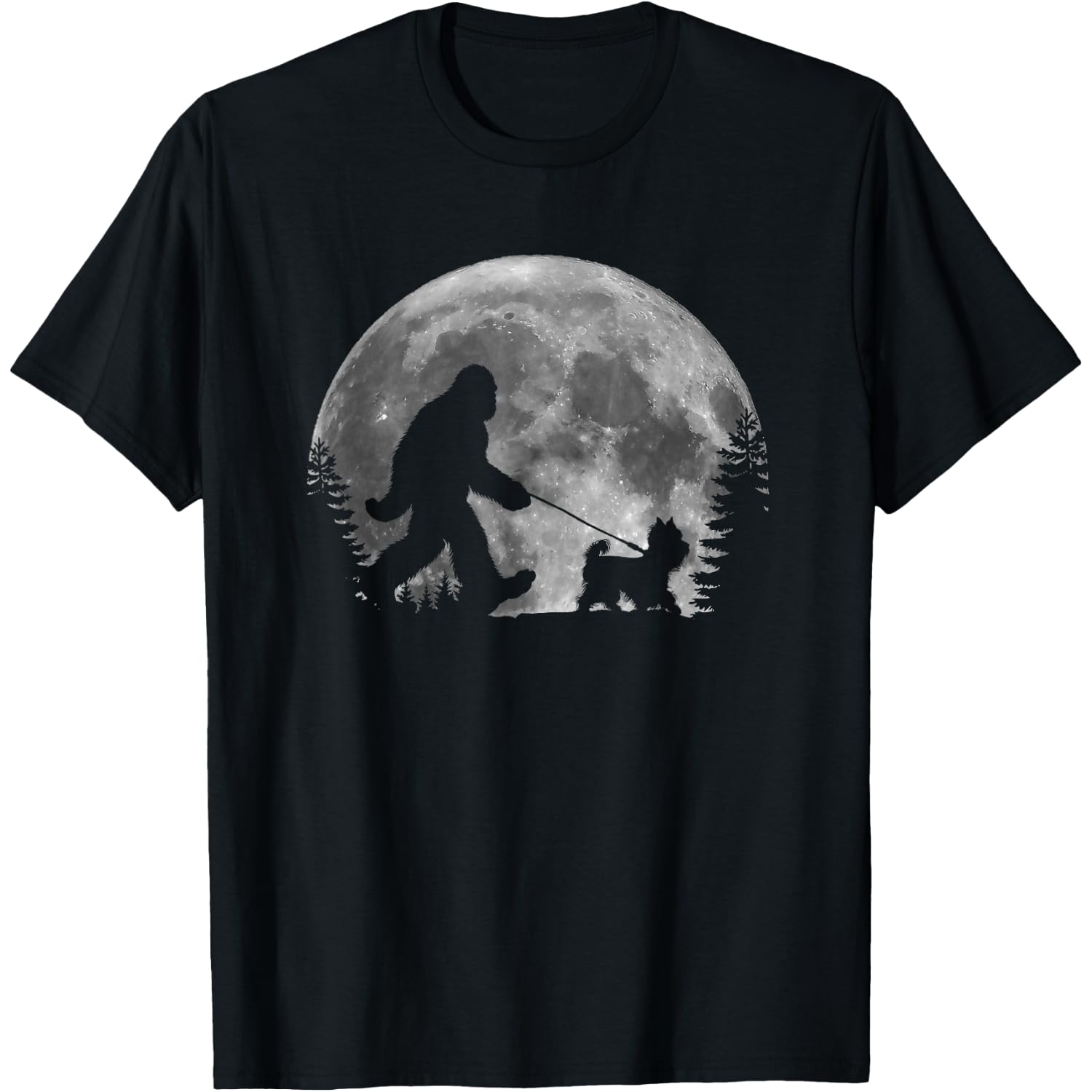 Bigfoot Walking a Dog Funny Yorkie Lovers Moon Halloween T-Shirt for Men Women Kids