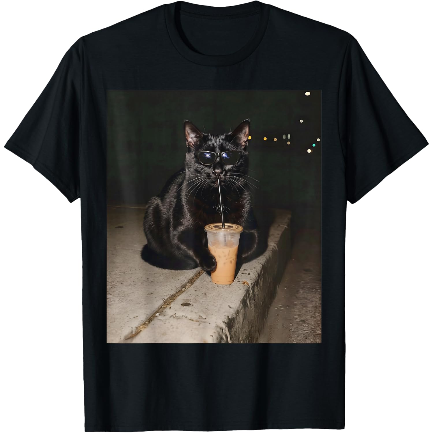 Black Cat Drinking Iced Coffee Funny Cat Lover T-Shirt