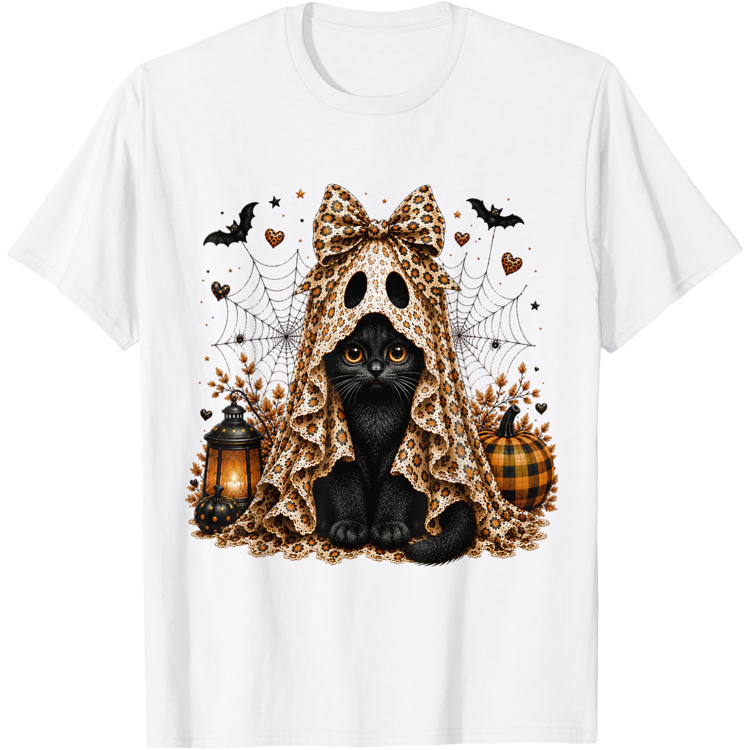 Black Cat Ghost Halloween Leopard Bow Spooky Autumn Women T-Shirt