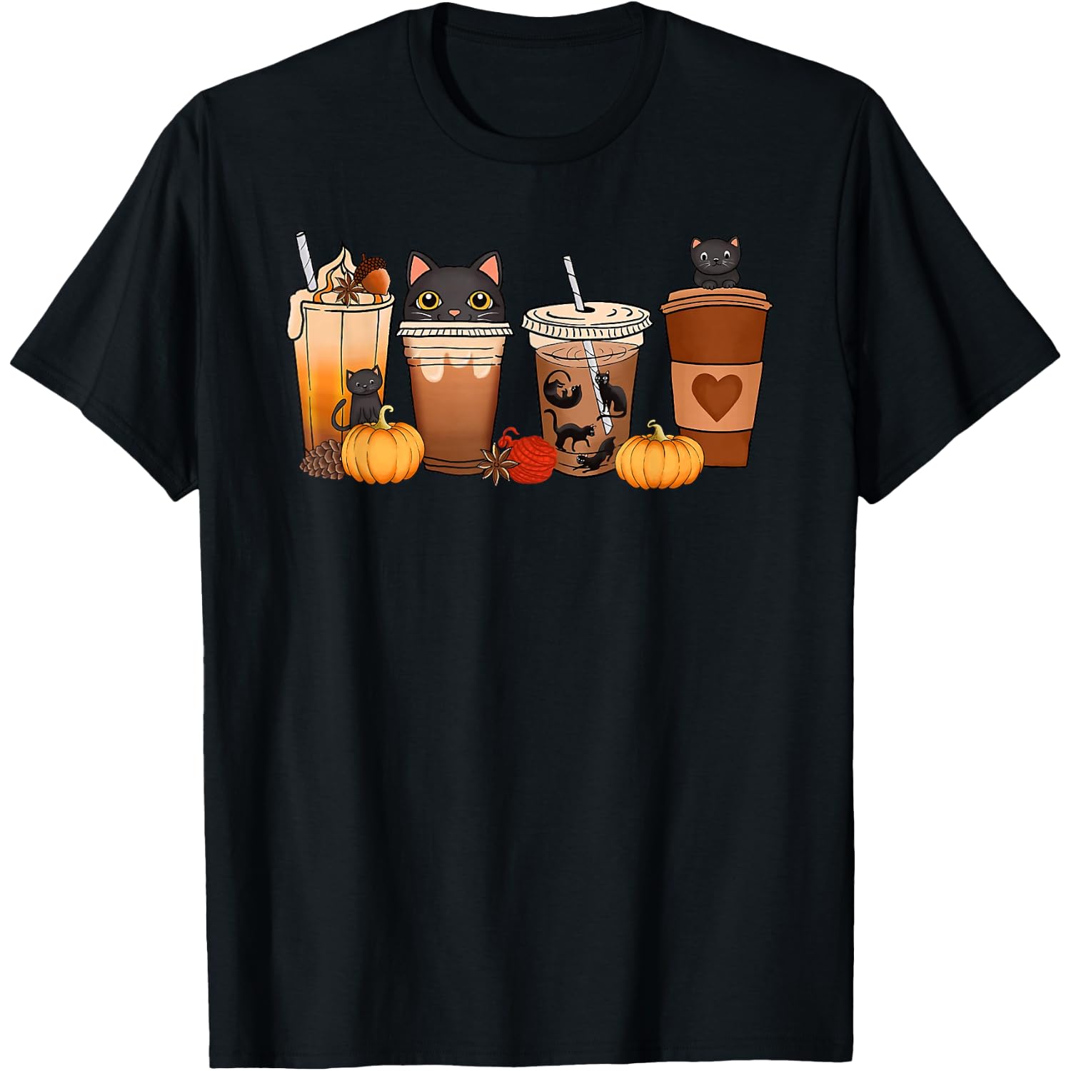 Black Cat Halloween Iced Coffee Cups Fall Pumpkin Kitten T-Shirt for Men Women Kids