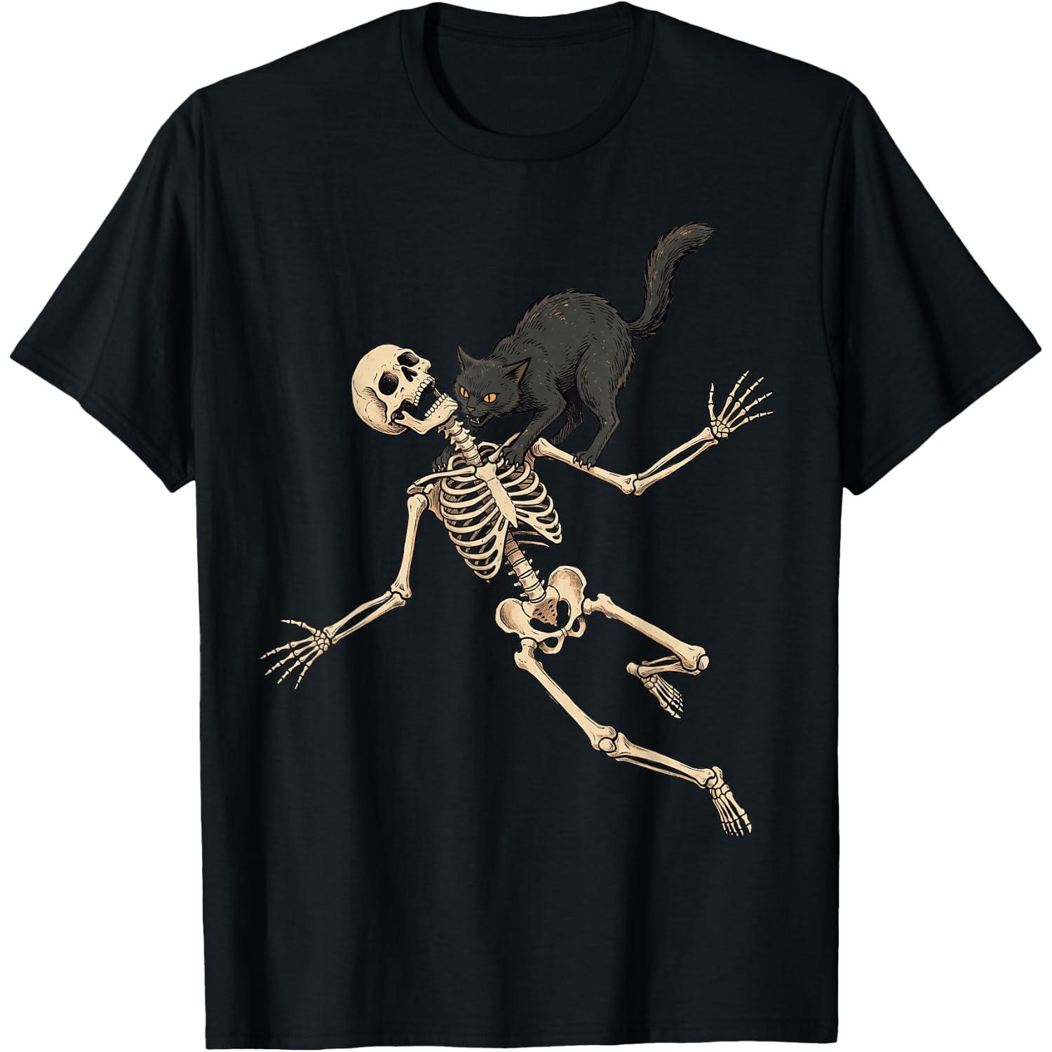 Black Cat Hunting Skeleton Funny Halloween Men Women Kids T-Shirt