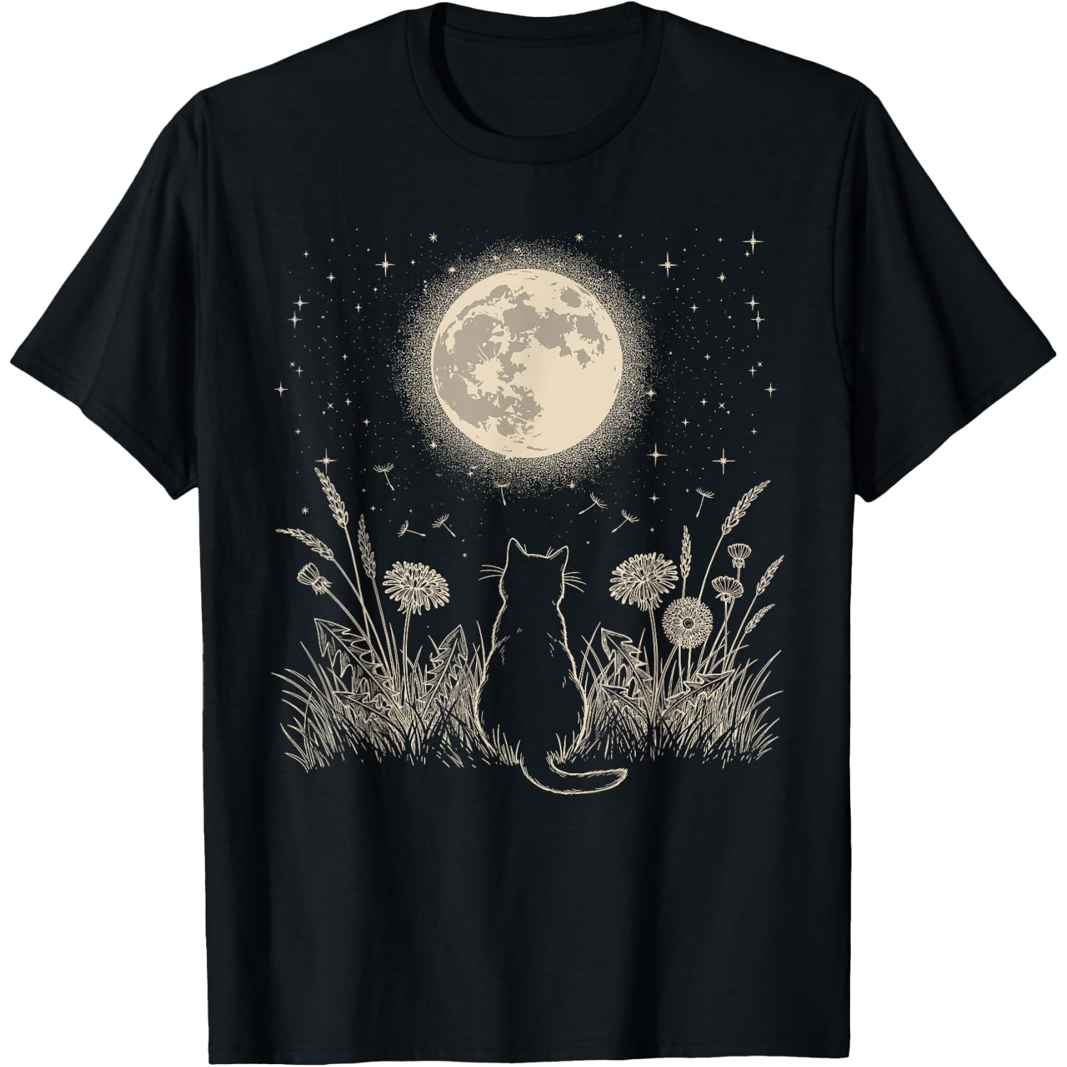 Black Cat Moon Floral Aesthetic Men Women Kitten Halloween T-Shirt