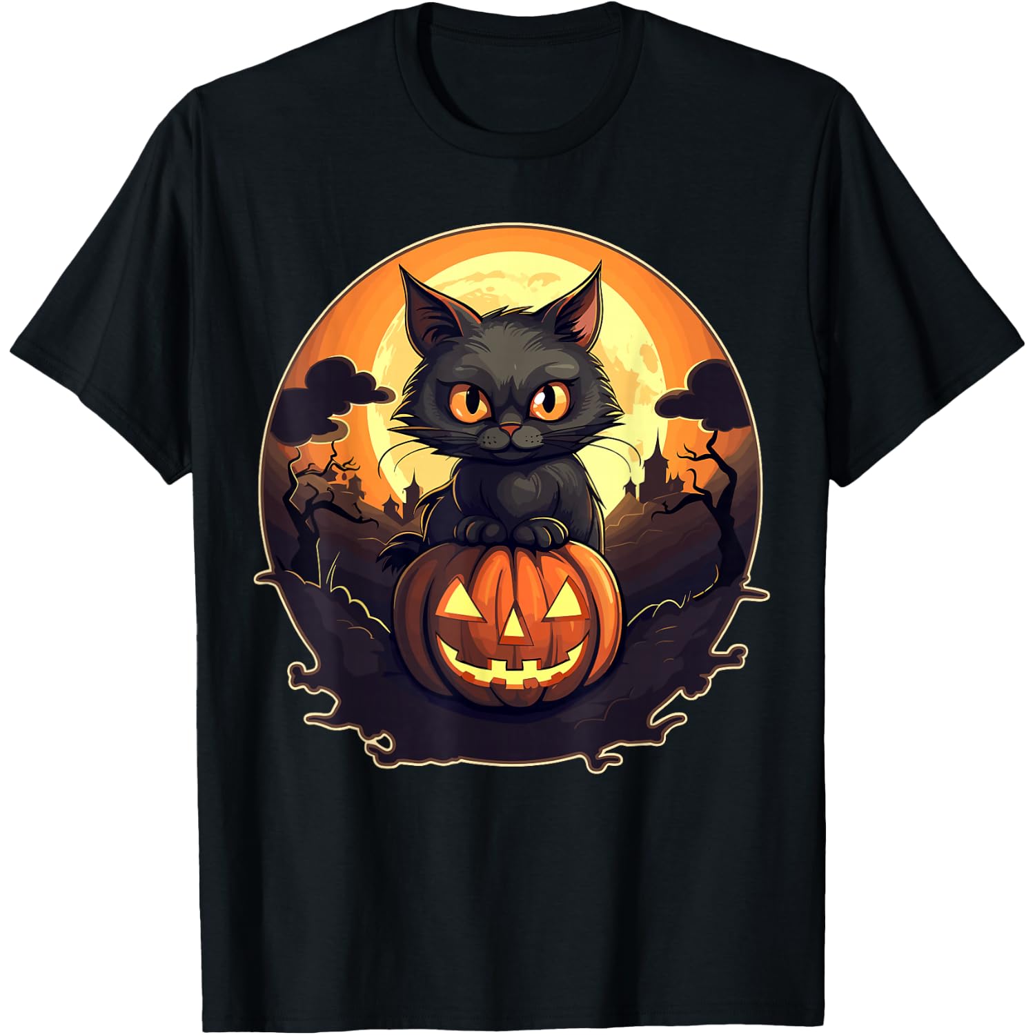 Black Cat On Pumpkin Halloween T-Shirt