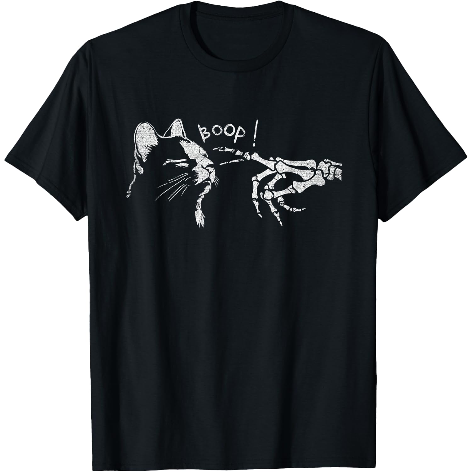 Black Cat Skeleton Hand Boop On A Cat's Nose Funny Halloween T-Shirt