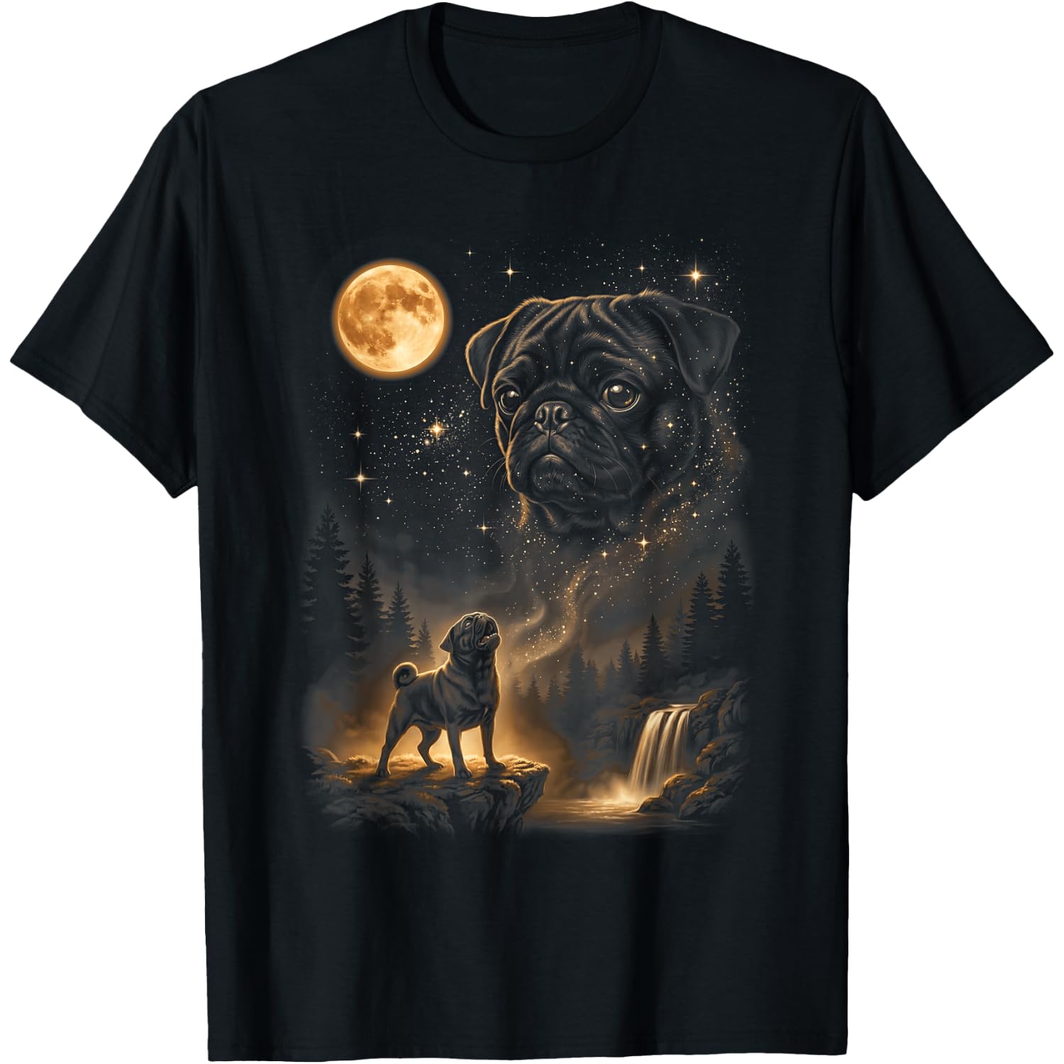 Black Pug Howling at Moon 90's Retro Nature Forest Dog Lover T-Shirt