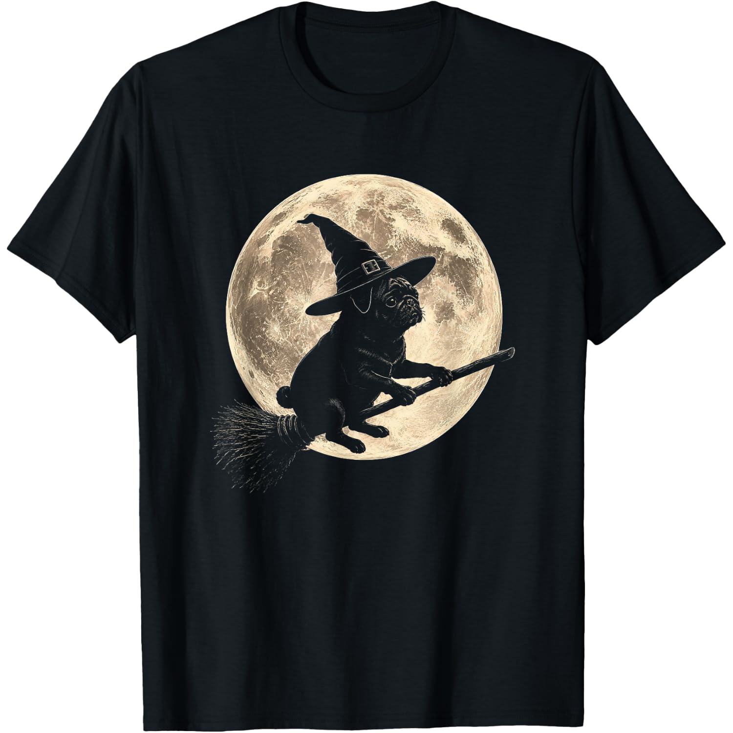 Black Pug Witch Riding Broom Full Moon Halloween T-Shirt