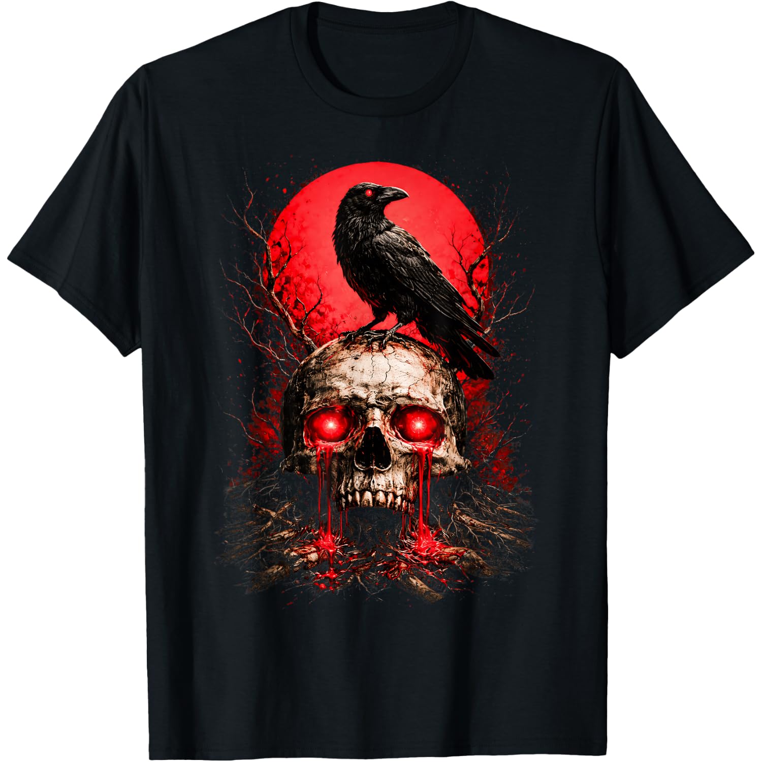 Blood Red Moon Gothic Black Raven Skull Black Crow Horror T-Shirt