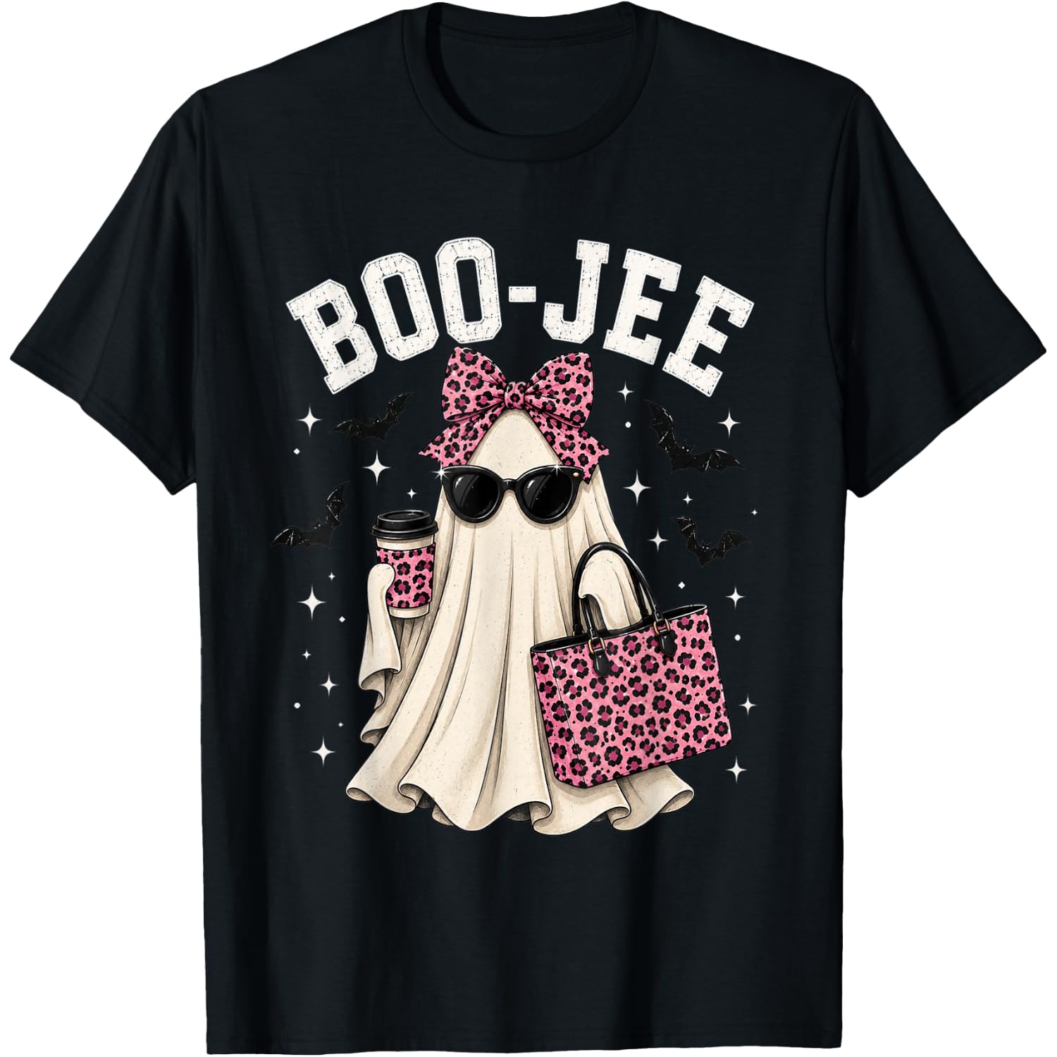 Boo-JEE Cute Ghost Halloween Leopard Bow Spooky Season T-Shirt