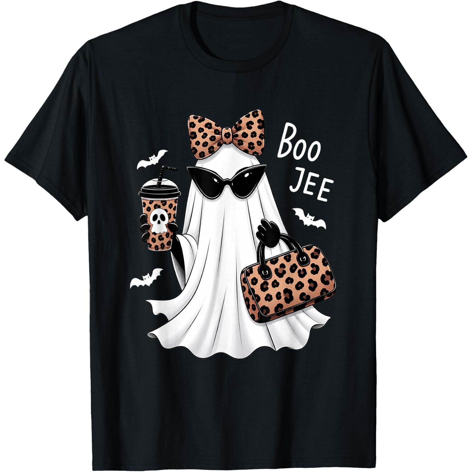 Boo JEE Cute Ghost Leopard Bow Halloween Design T-Shirt