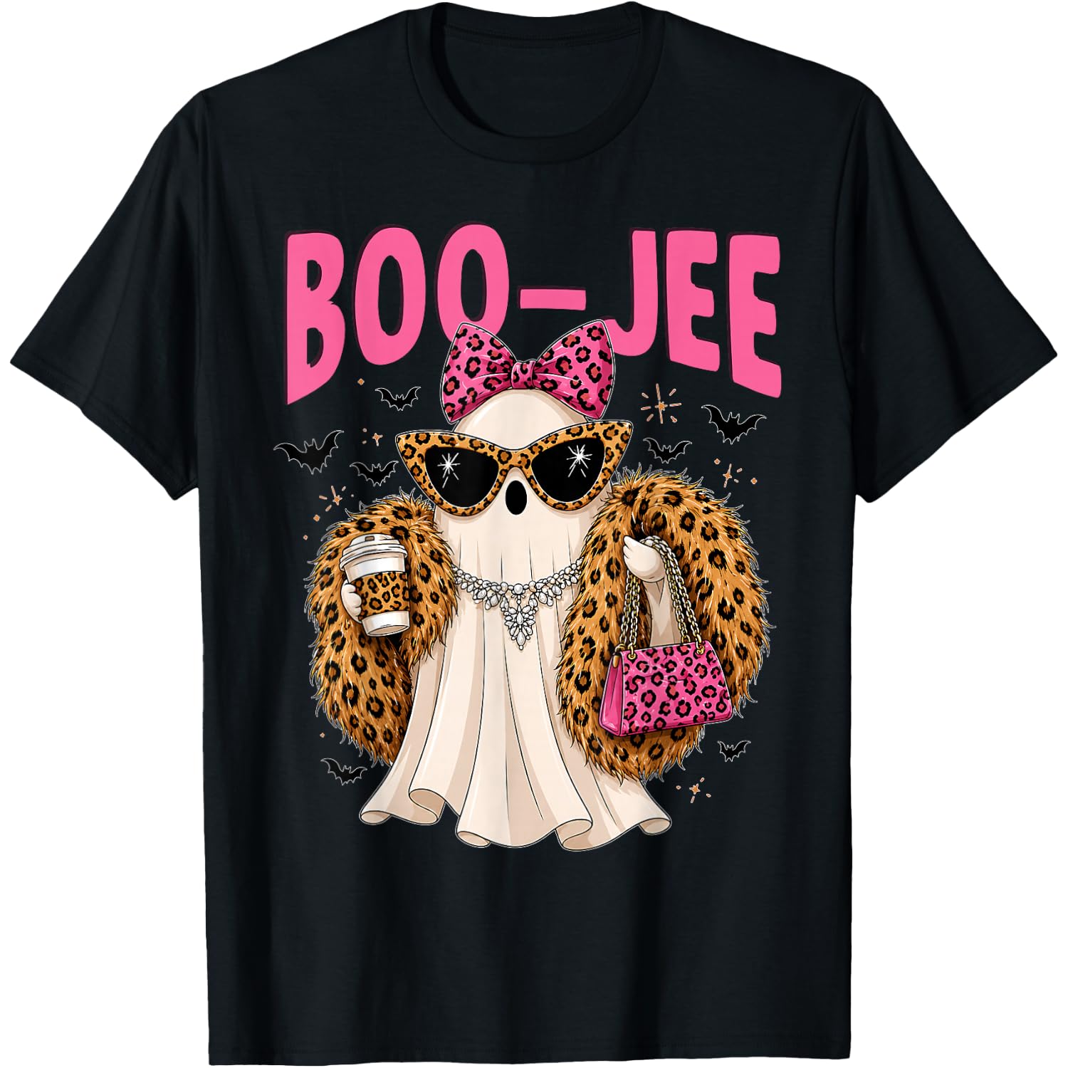 Boo JEE Ghost Leopard Pink Coquette Halloween Women Girl T-Shirt