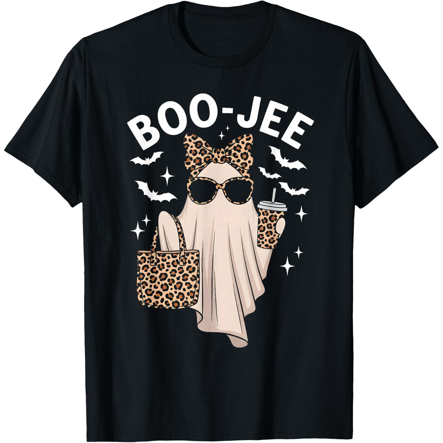 Boo JEE Ghost with Coffee Coquette Bow Halloween Women Girl T-Shirt