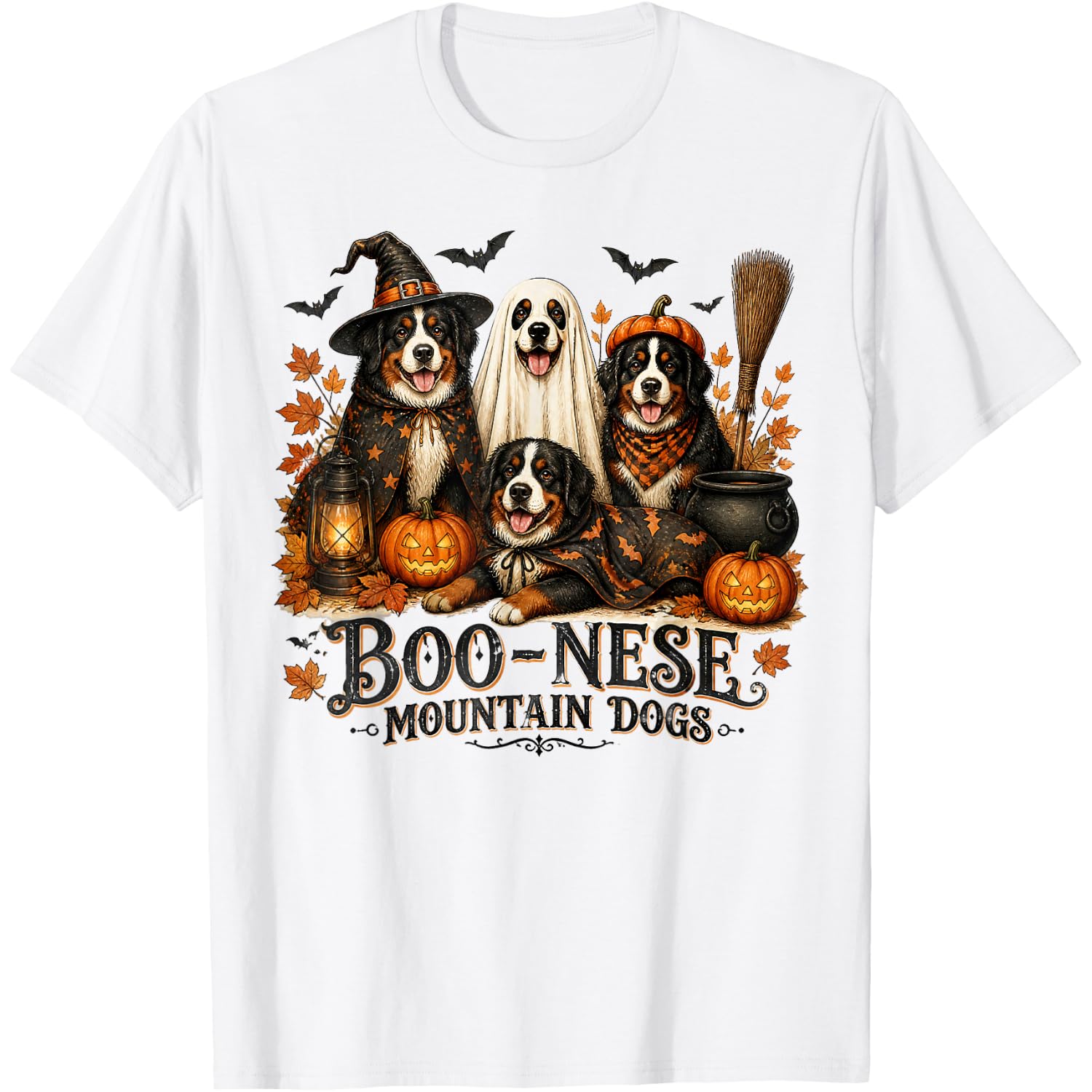 Boo-Nese Mountain Dogs Halloween Pumpkin Witch Spooky Dog T-Shirt