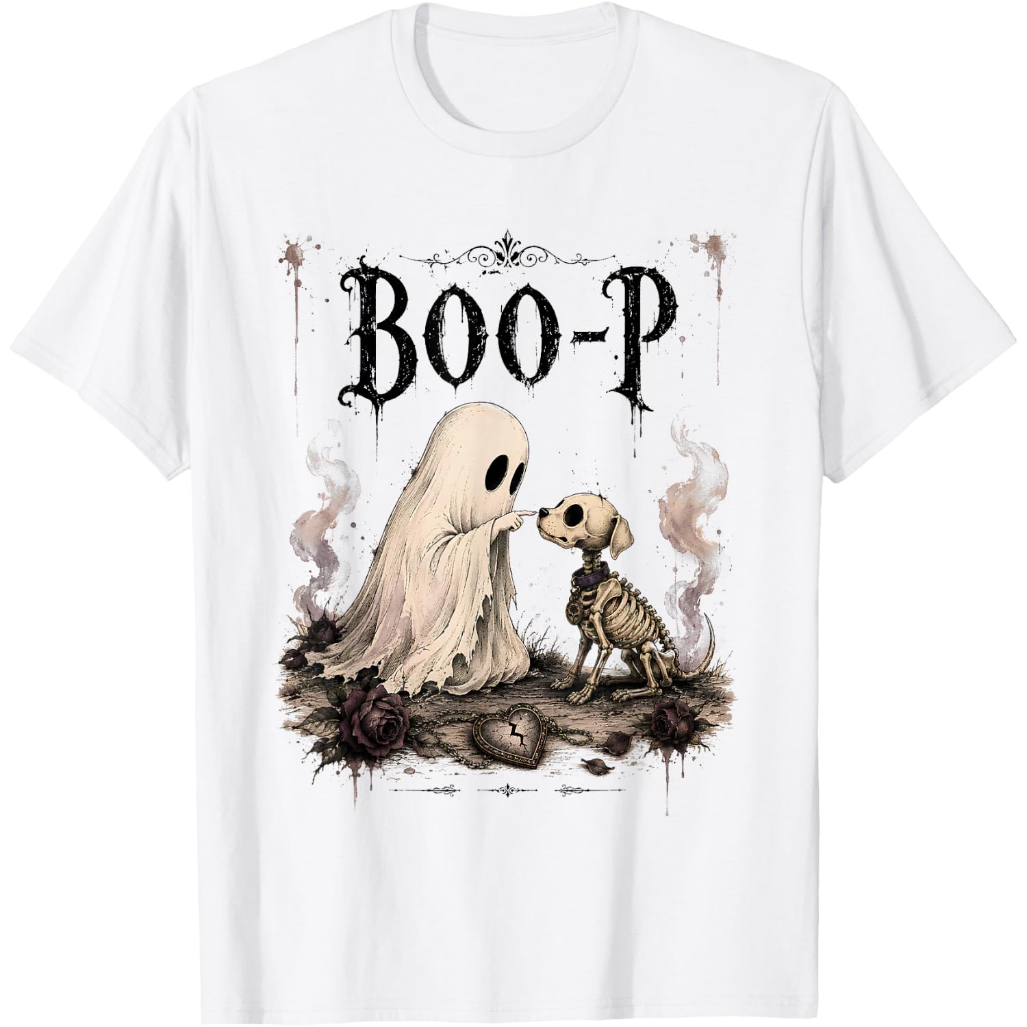 Boo-p Ghost Touch Skeleton Dog Dark Vintage Retro Halloween T-Shirt