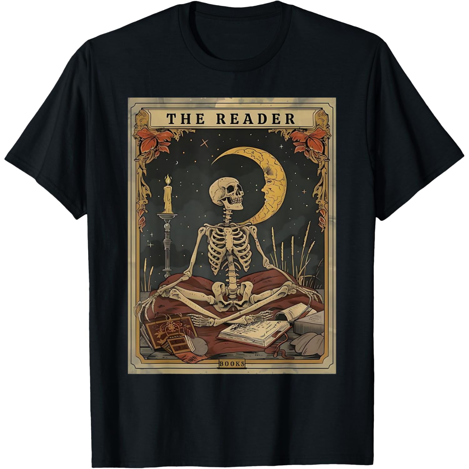 Books Lover Book Novels Reading Halloween Costumes Cottagecore Skeleton Aesthetic Tarot Card The Reader Graphic T-Shirt