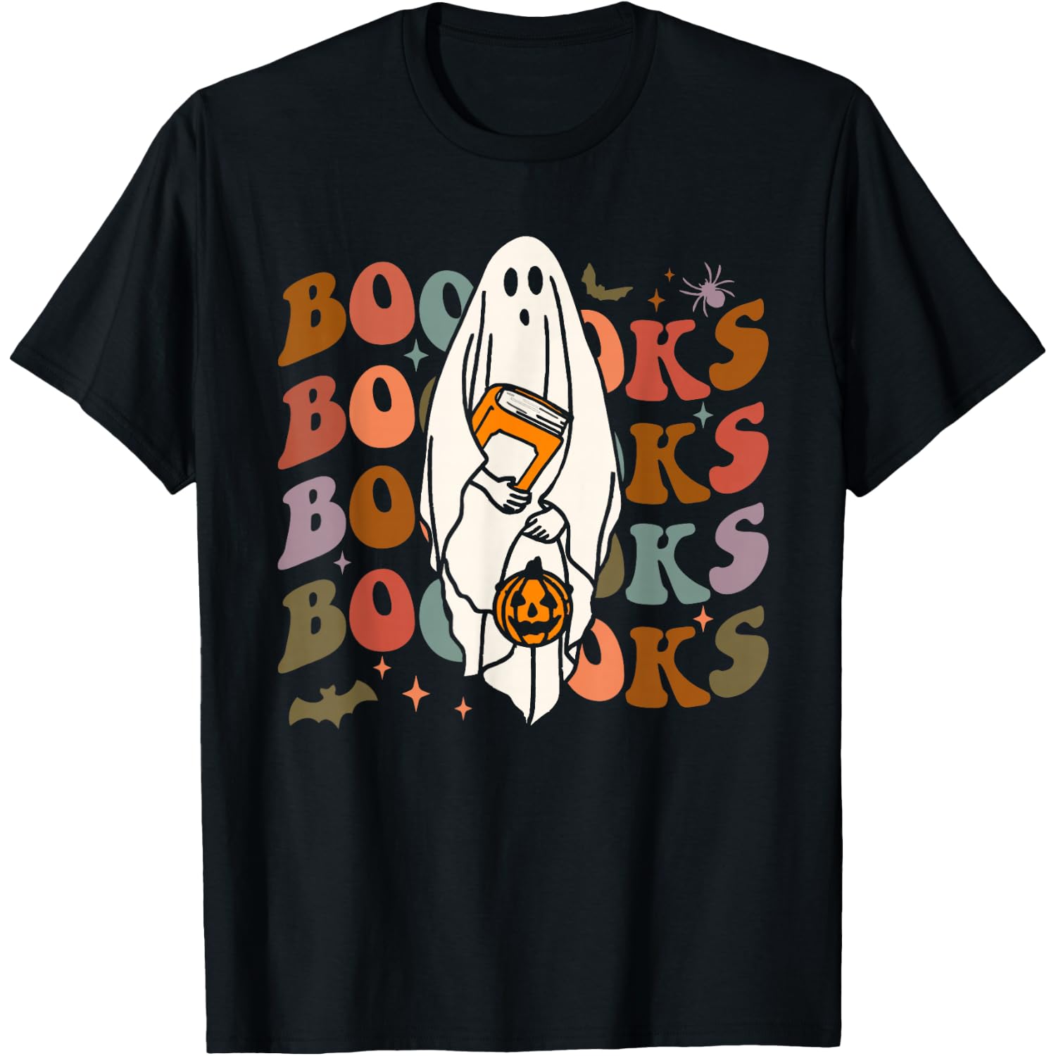 Booooks Ghost Halloween Groovy Vintage Teacher Book Reading T-Shirt