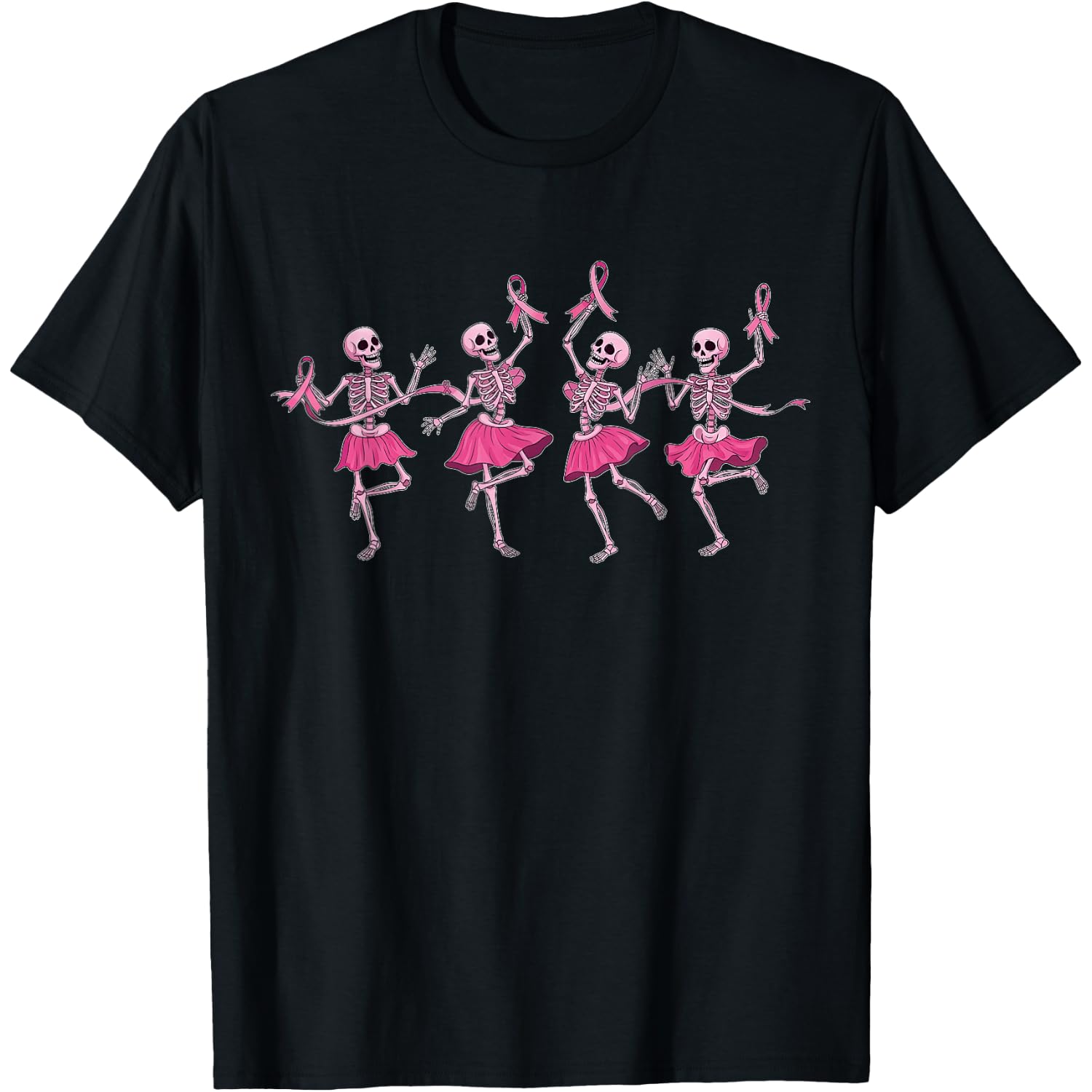 Breast Cancer Dancing Skeleton Halloween Pink Ribbon Women T-Shirt