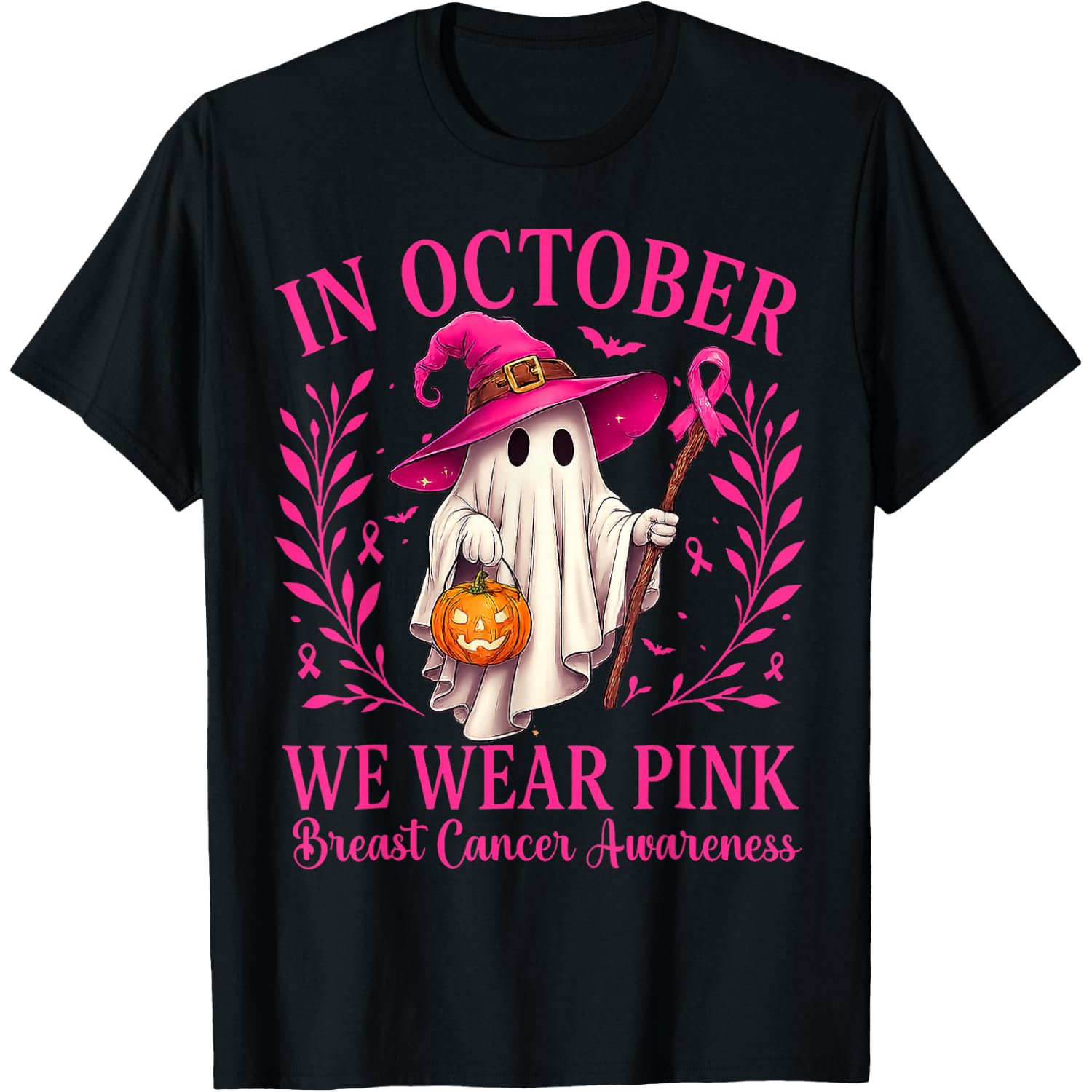 Breast Cancer Halloween in October We Wear Pink Ghost Witch T-Shirt