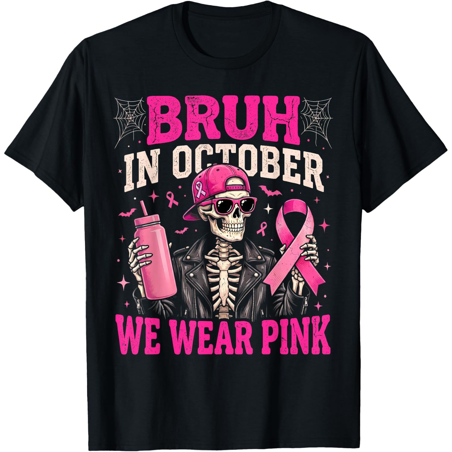 Bruh in October Wear Pink Breast Cancer Skeleton Kids Boys T-Shirt