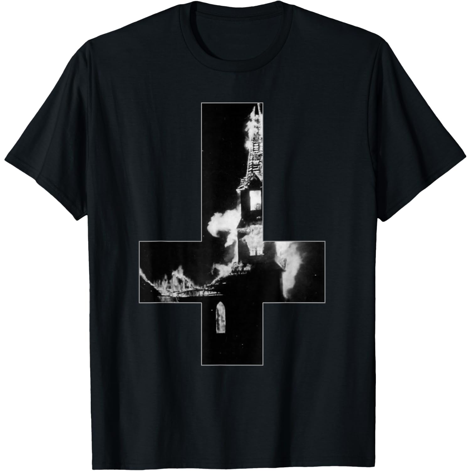 Burning Church Occult Satan Inverted Cross Gothic Goth T-Shirt