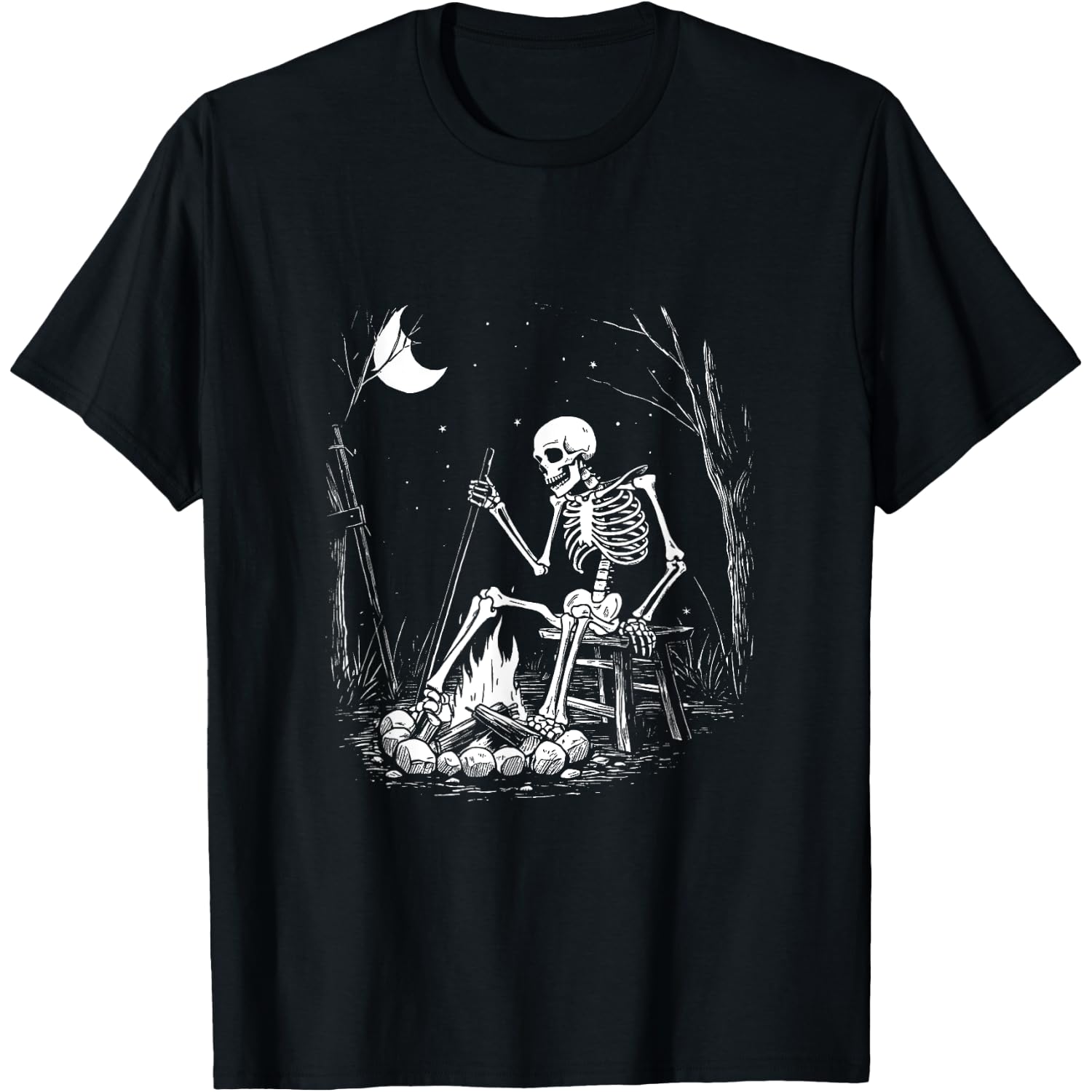 Camping Skeleton Bones Halloween Forest Campfire Graphic T-Shirt