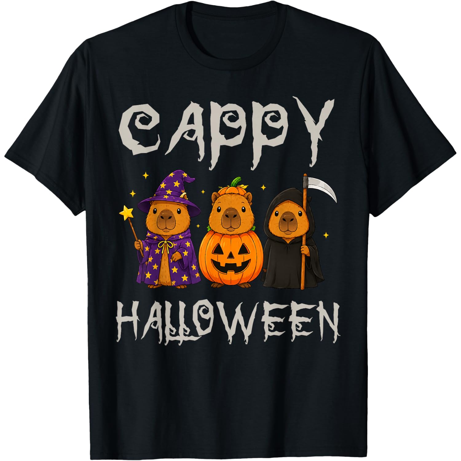 Cappy Halloween Funny Capybara Witch Pumpkin Reaper Spooky T-Shirt