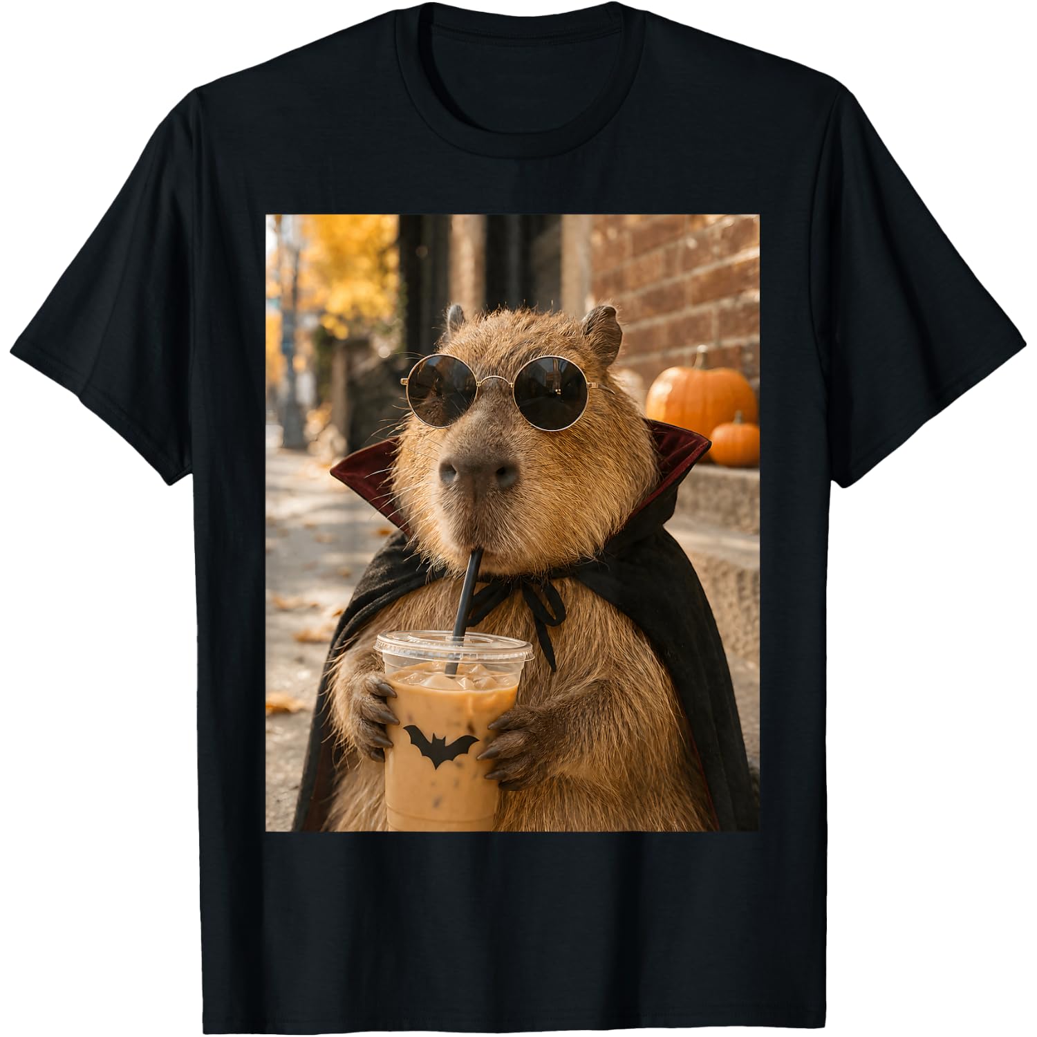 Capybara Vampire Drinking Iced Coffee Halloween Funny Meme T-Shirt