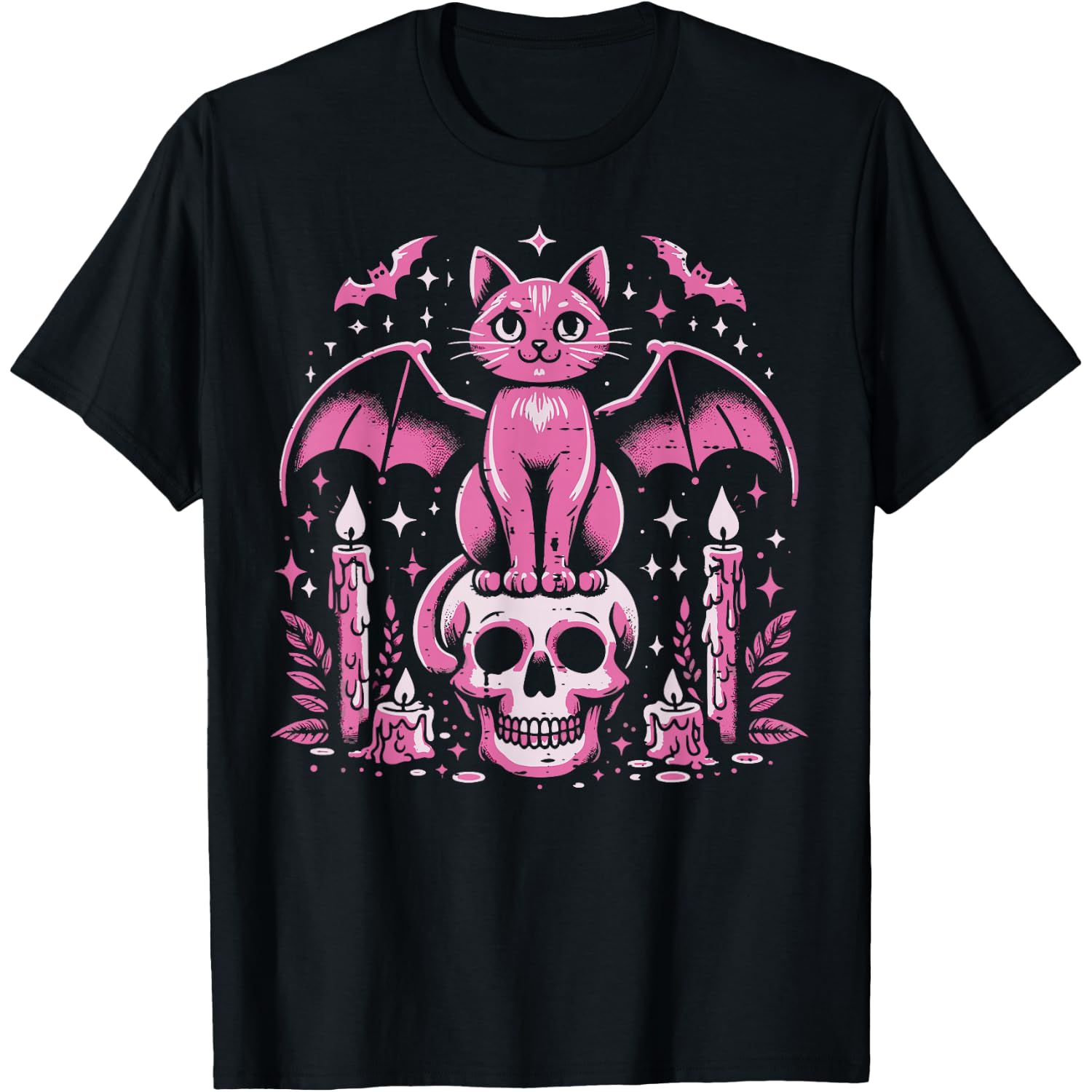 Cat Bat On Skull Halloween Costume Goth Women Girls Kids T-Shirt