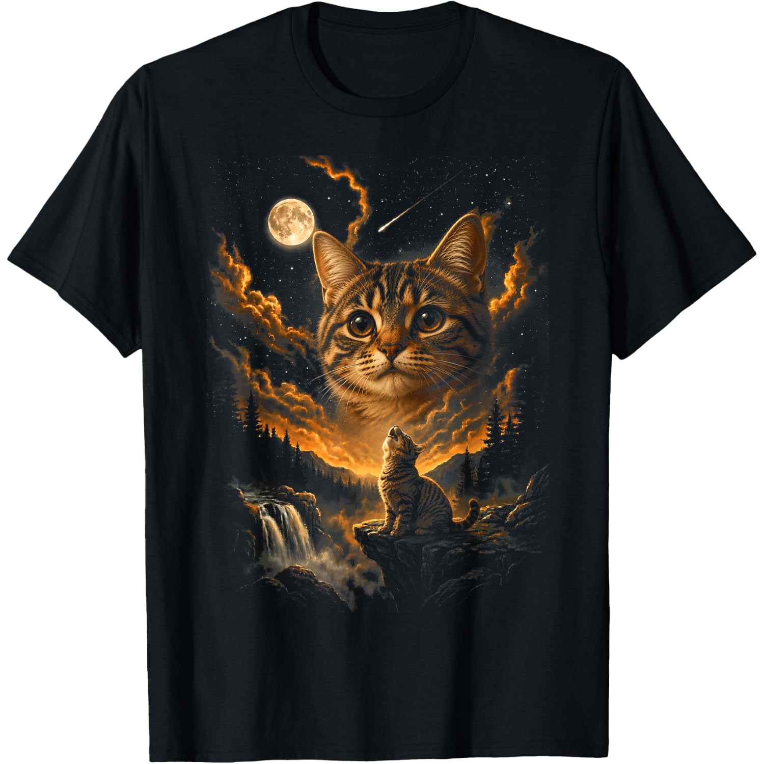 Cat Howling at Moon 90's Retro Nature Forest Animal Graphic T-Shirt
