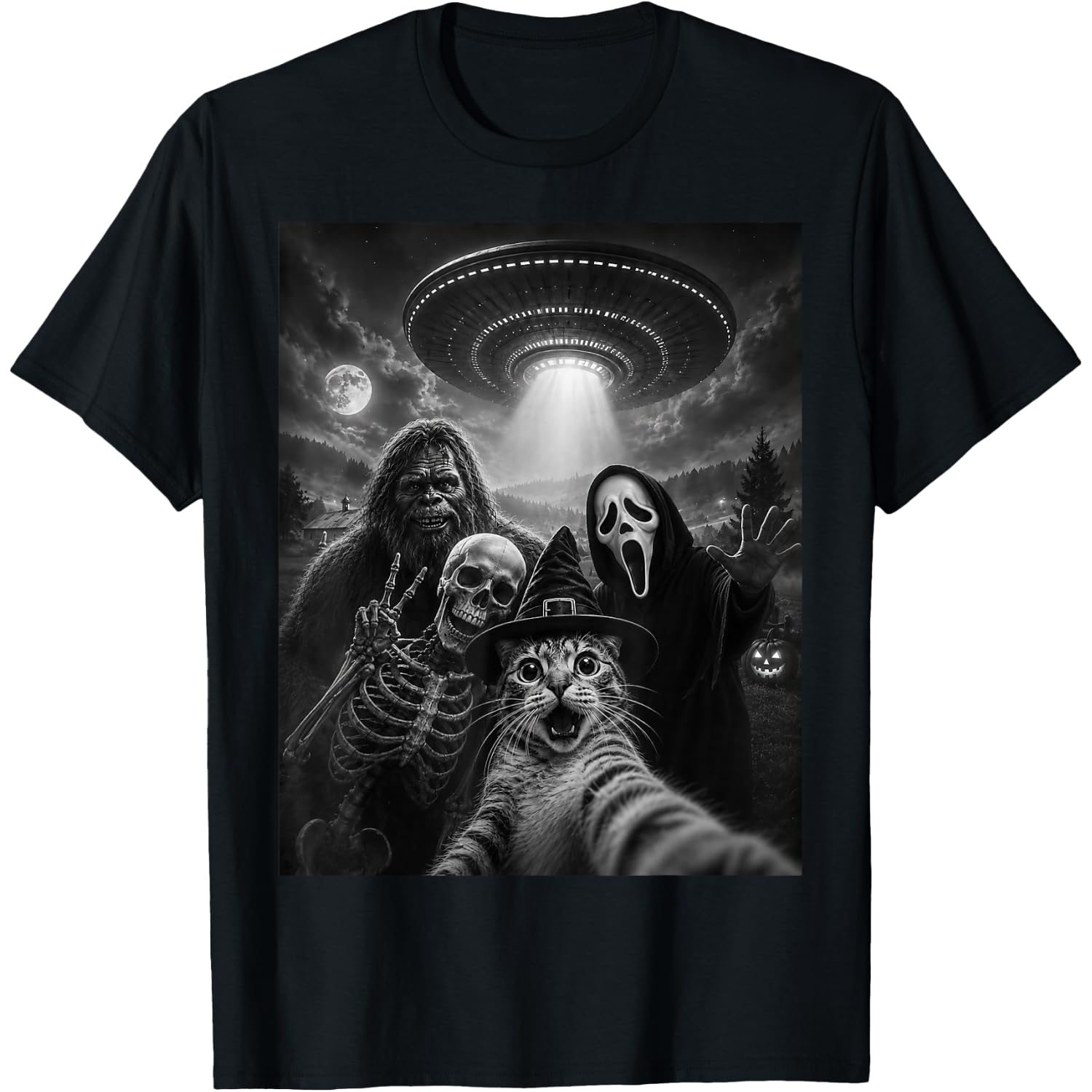 Cat Selfie with Bigfoot Skeleton Alien UFO Ghost Scary Face T-Shirt