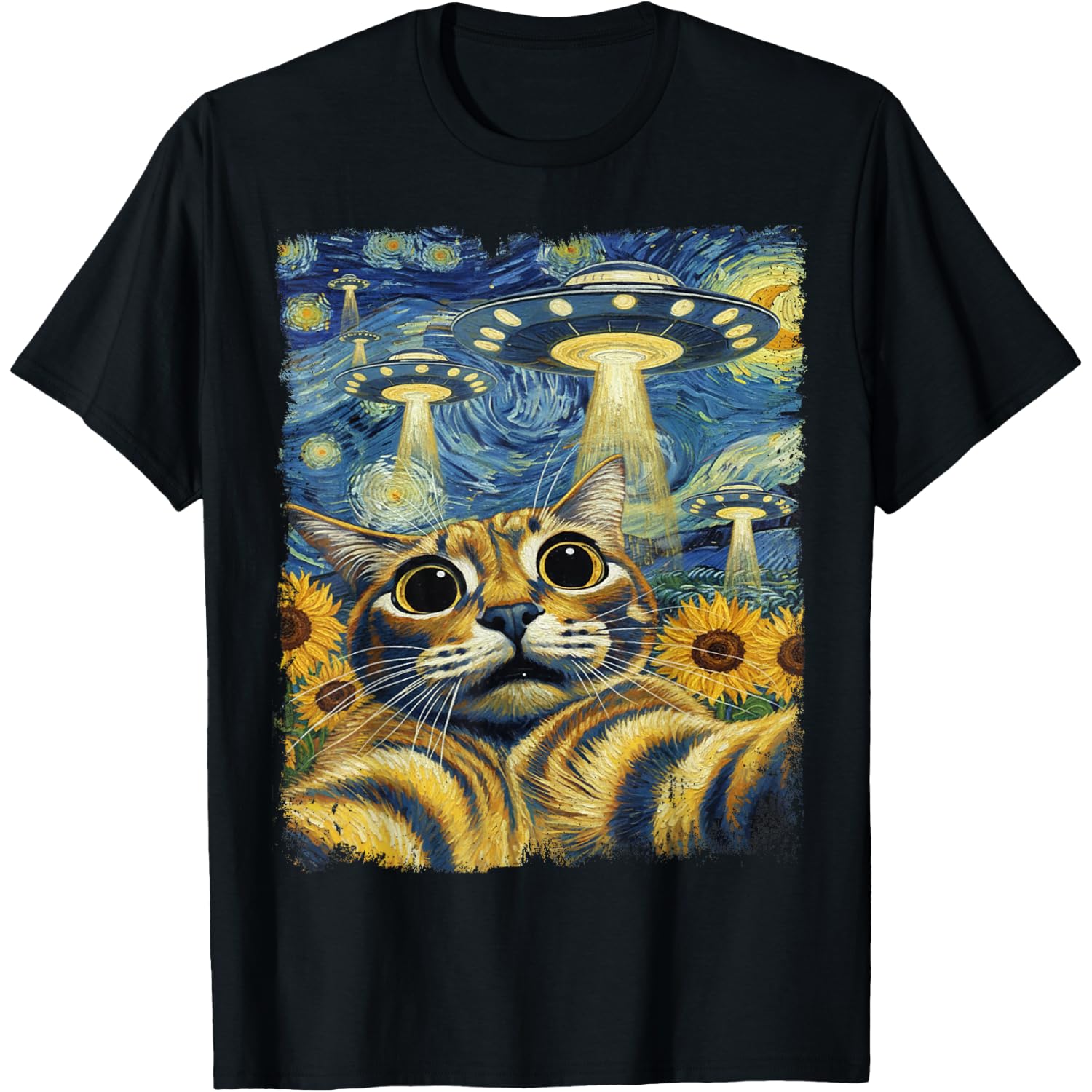 Cat Selfie with UFO Starry Night Van Gogh Cat Men Women Kids T-Shirt