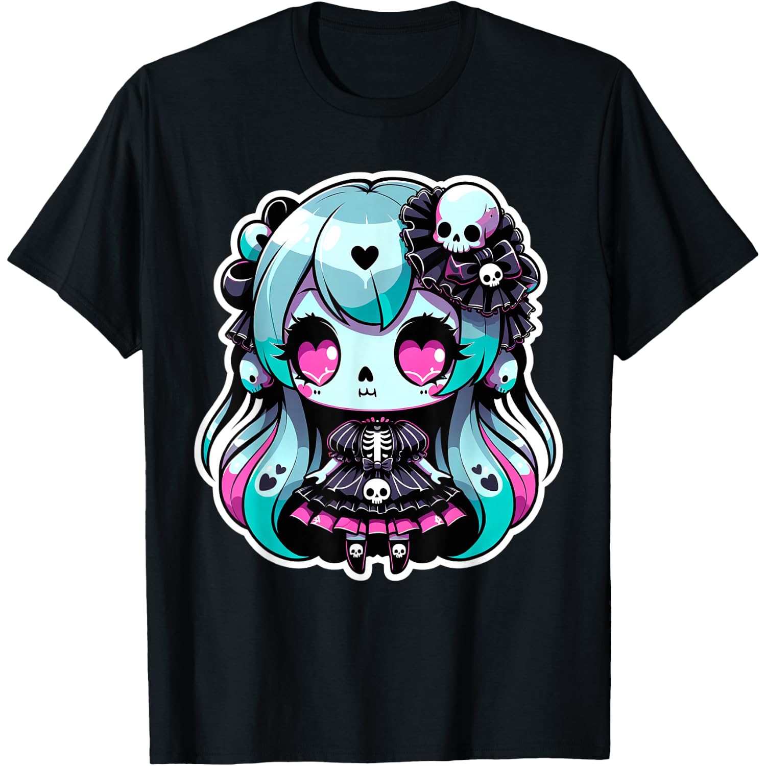 Chibi Anime Gothic Goth Skeleton Girl Doll: Edgy Elegance T-Shirt