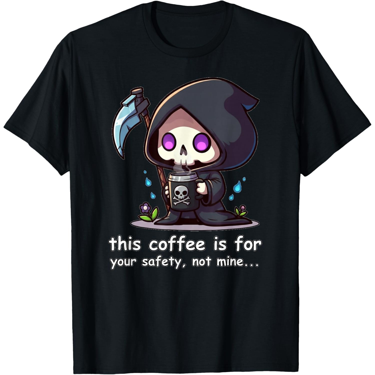 Chibi Grim Reaper Coffee Humor, Halloween Caffeine Quote T-Shirt