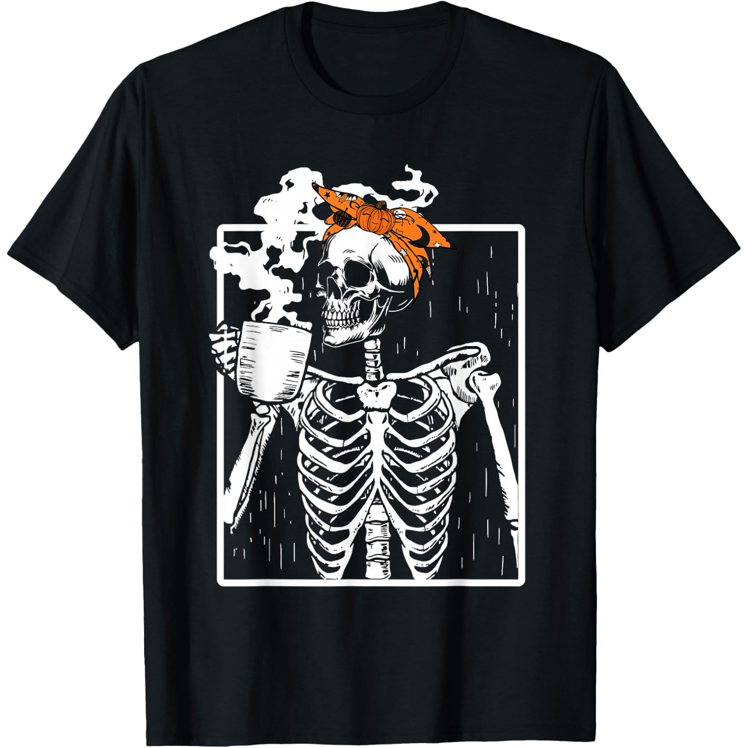 Coffee Drinking Skeleton DIY Halloween Messy Bun Women Girl T-Shirt