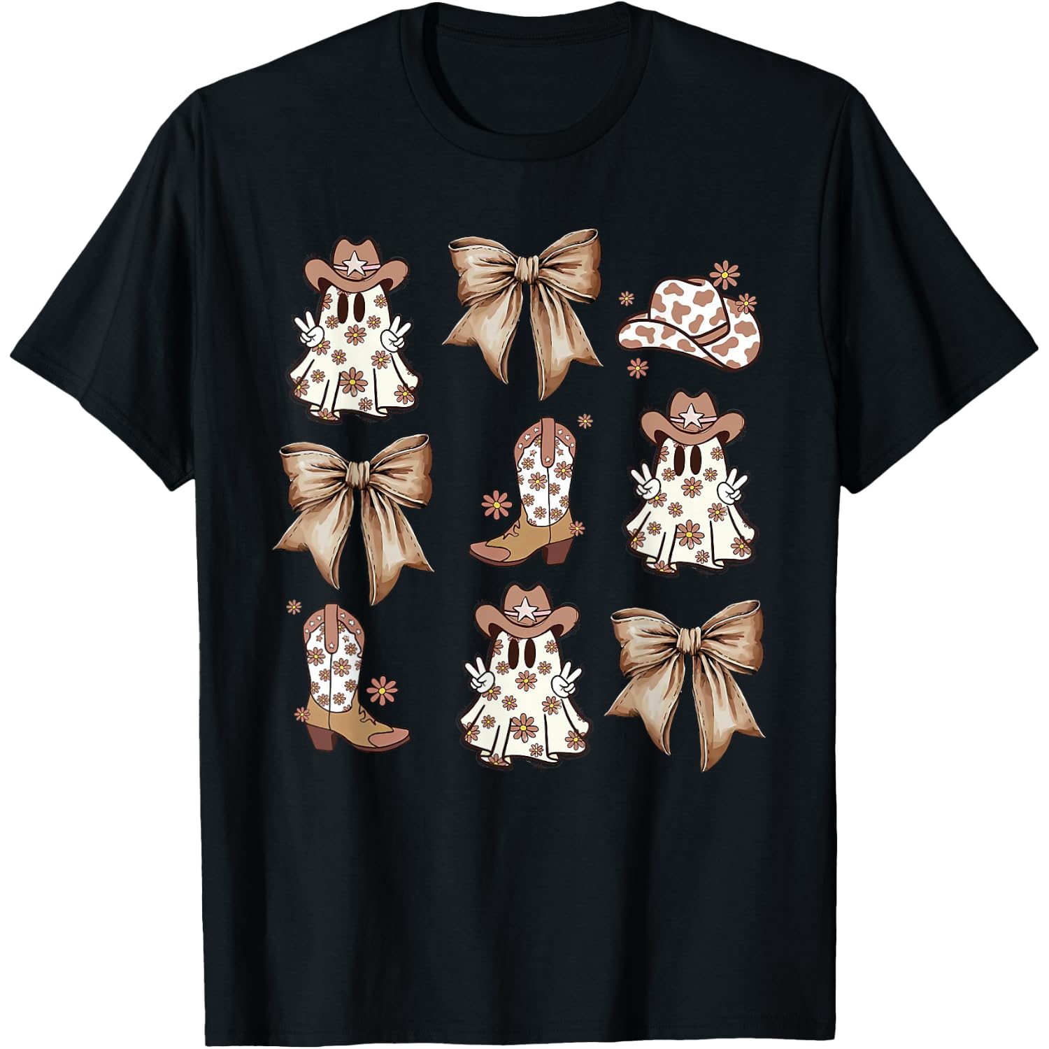Coquette Bow Spooky Funny Ghost Cowboy Western Halloween T-Shirt