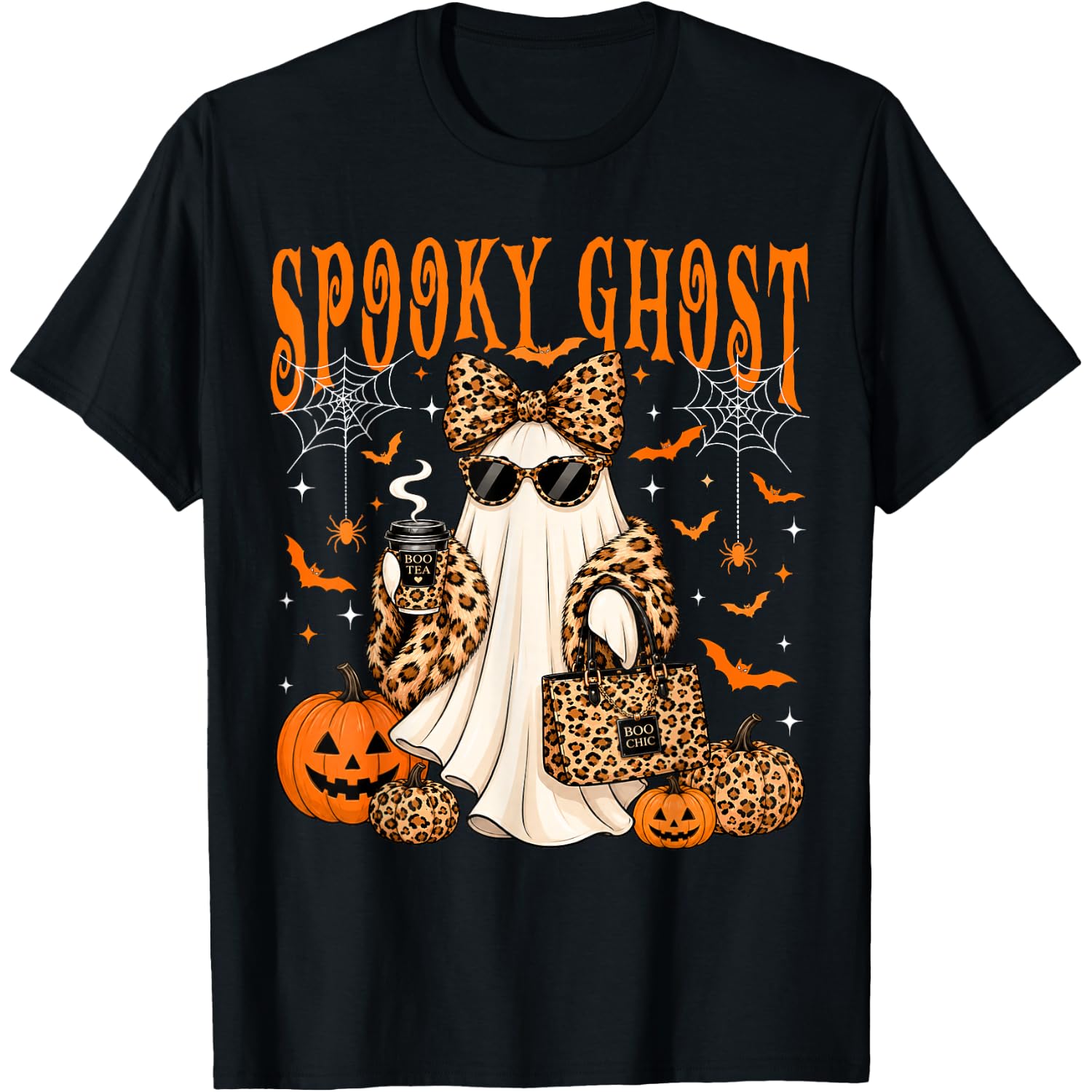 Coquette Leopard Spooky Ghost Coffee Halloween Boo JEE Ghost T-Shirt