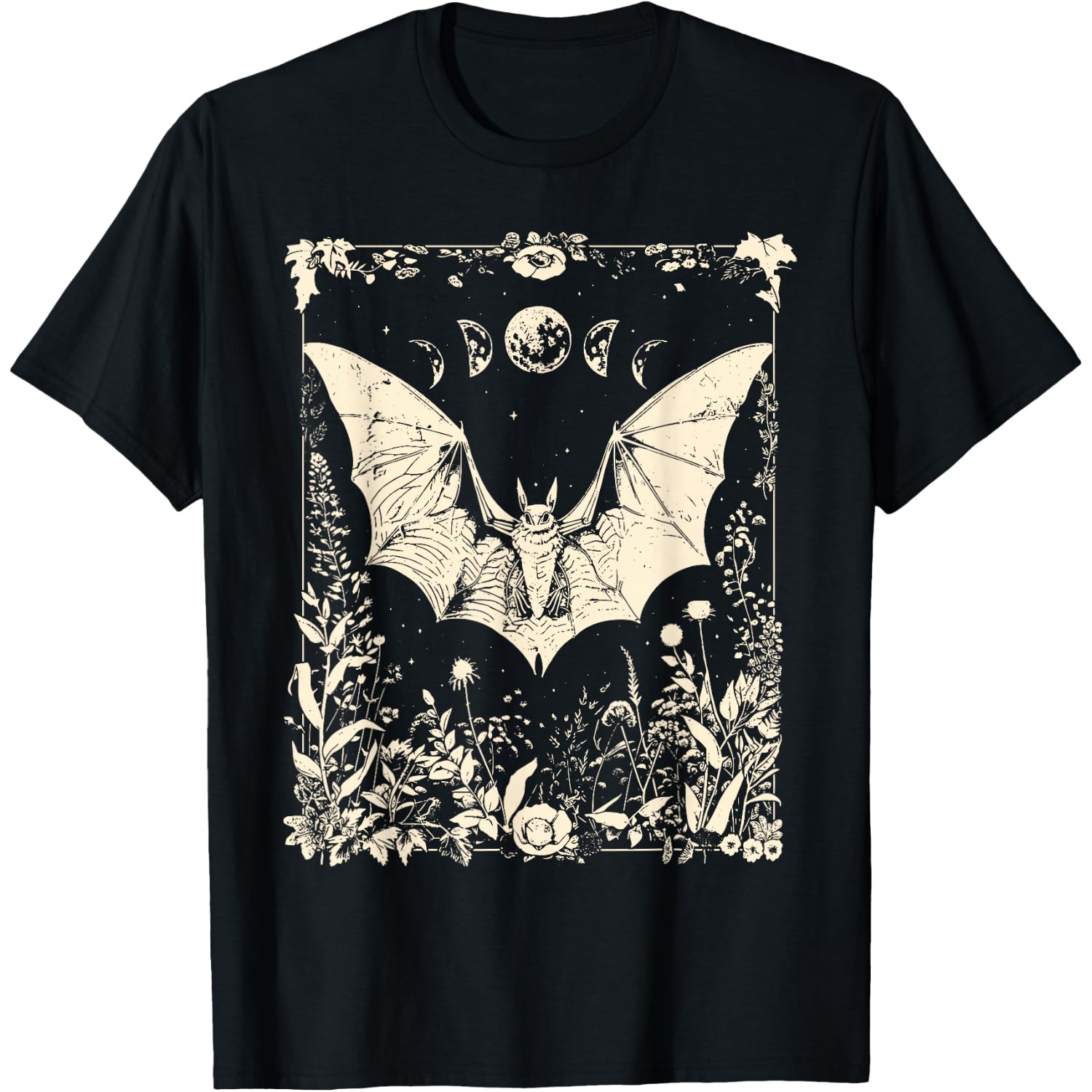 Cottagecore Floral Bat Moon Phase Gothic Spooky Halloween T-Shirt
