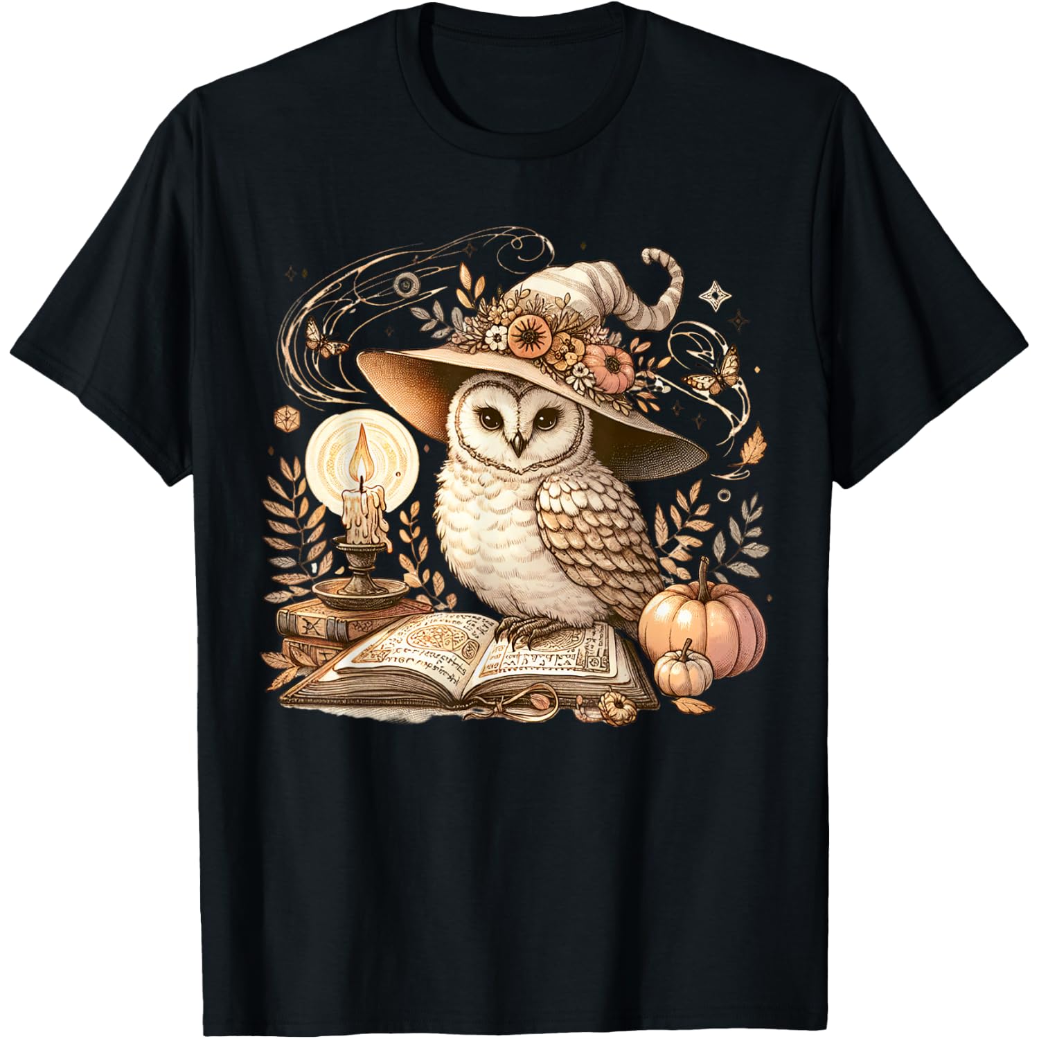 Cottagecore Owl Witch On Book Pumpkin Halloween T-Shirt