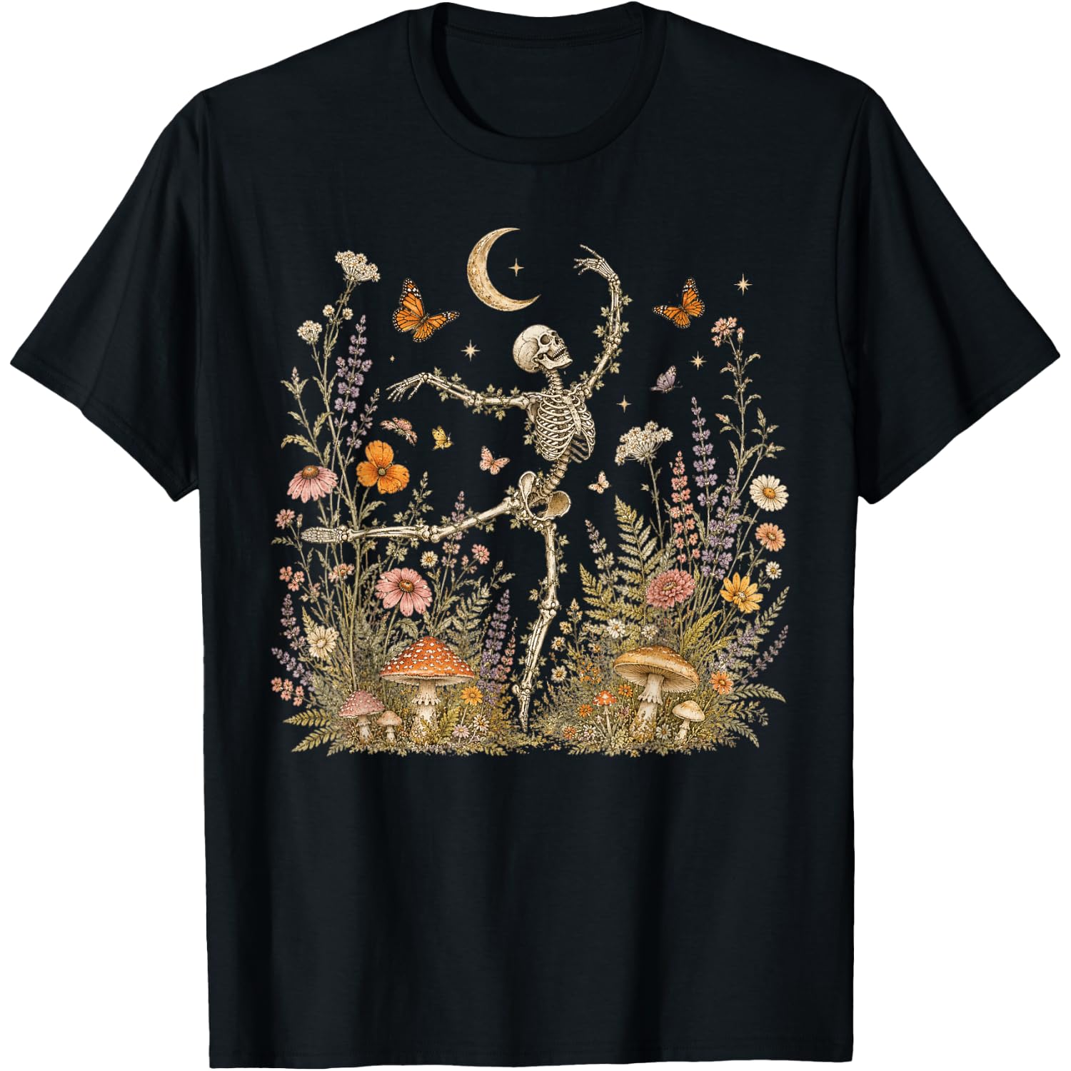 Cottagecore Skeleton Dancing Vintage Wildflower Botanical T-Shirt