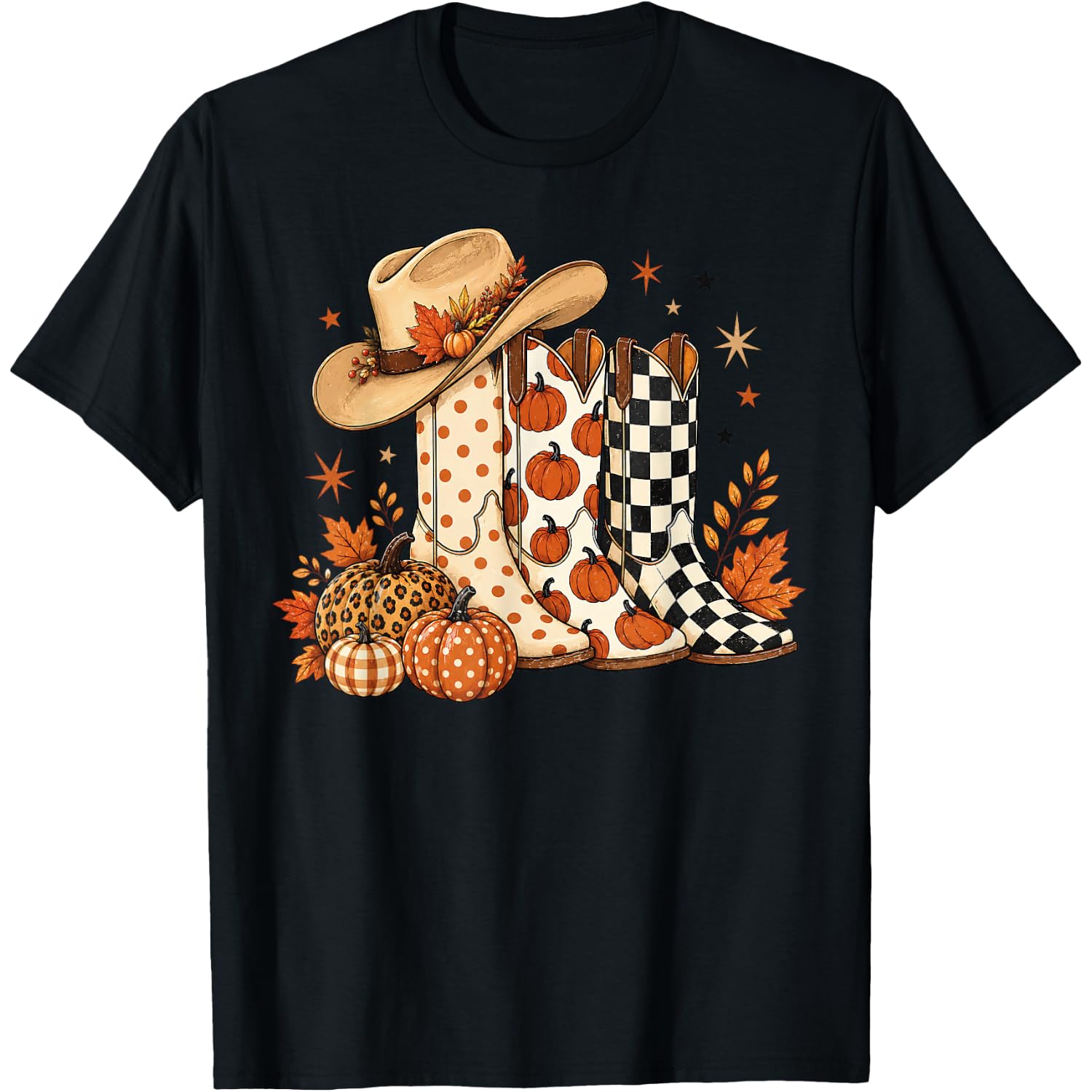 Cowboy Boots Checkered Polka Dot Pumpkin Western Fall Autumn T-Shirt