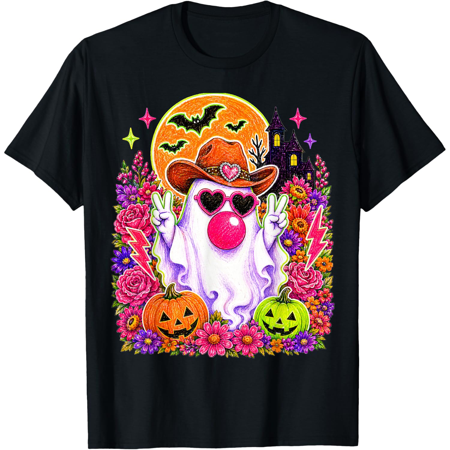 Cowboy Ghost Blowing Bubble Gum Floral Halloween Pumpkin T-Shirt