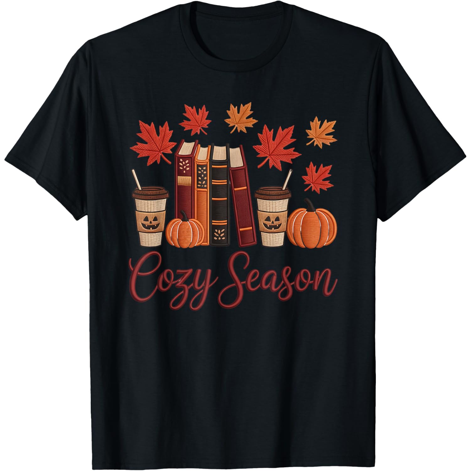 Cozy Season Autumn Leaves Books Pumpkins Fall Halloween T-Shirt