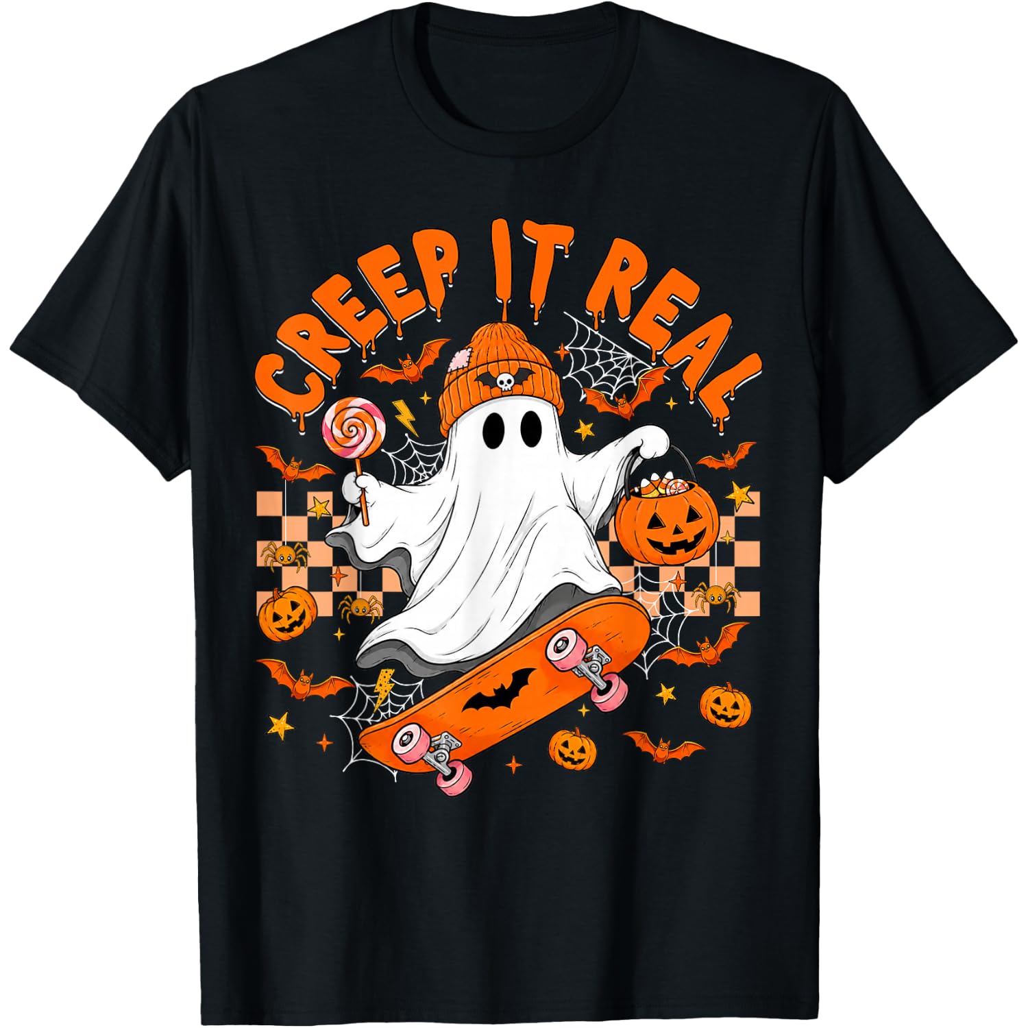 Creep It Real Halloween Ghost Skateboarding Boy Fall Season T-Shirt