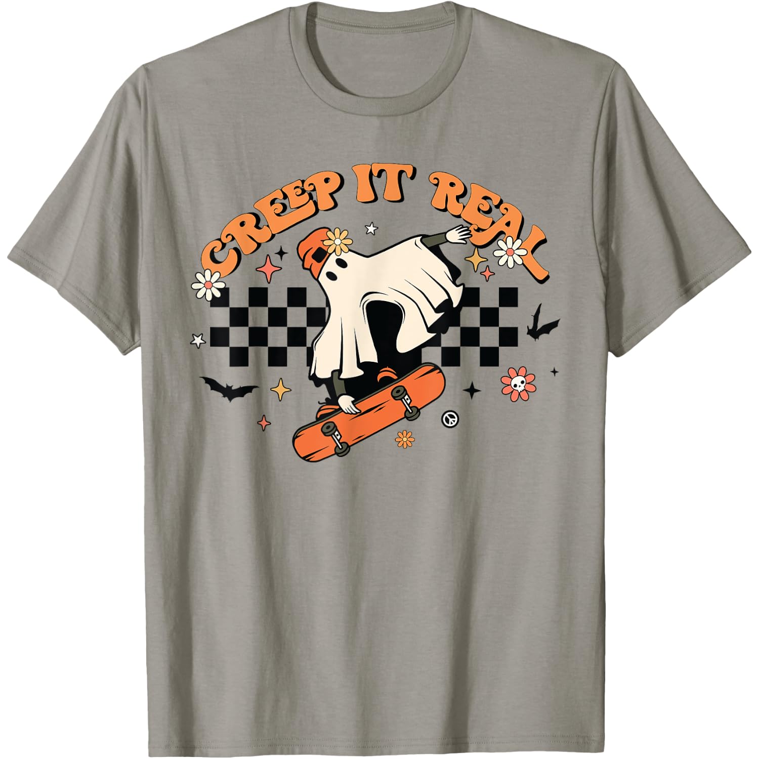 Creep It Real Retro Halloween Party Funny Ghost Skateboard T-Shirt